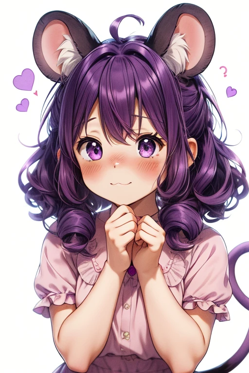 purple hair, curly hair, hair ribbon, sparkling eyes, animal ears, mouse ears, shy, full blush, flustered, light blush, anime, anime style, Minimalism, 8k, super detail, furry, animal tail, mouse tail, cute, kawaii, chibi