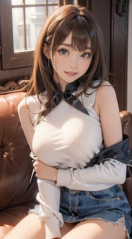 Dark Skinの女の子((sofa、Sitting))、masterpiece、One girl per photo、(Dark Skin、26-year-old girl、make、Baby Face)(Dark skin、Realistic Skin、Dark Skin)(Shining Eyes)、Brown Hair、((inner、Off-the-shoulder white long-sleeve knit、Super big boobs))((Denim miniskirt、Extremely short length、Low rise))Bright smile、Long Hair、Hair behind the ear、Shiny and smooth blonde hair、Asymmetrical bangs、8K resolution、High definition、Elaborate hairstyles、Detailed face、Round big 、Narrow waist、Big Ass、Thin thighs、Dark Skin、Ultra-realistic、Perfect limbs、、Perfect fingertips、Perfect Anatomy、Attractive pose、Below the knee angle、short boots、Bold and sexy pose、Full Body Shot((((Sexy))))