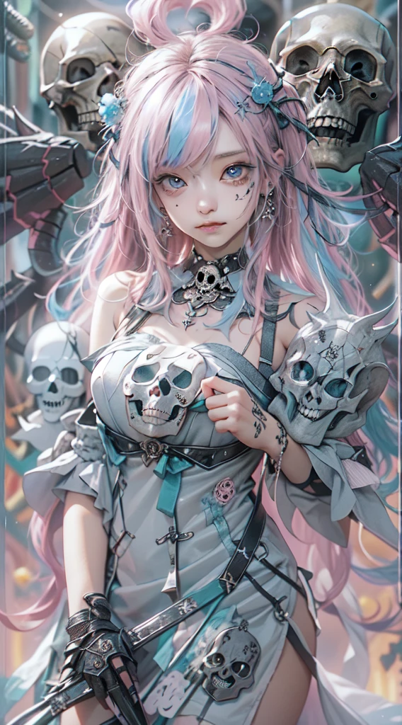 hair ornaments、Earrings、tattoo、good_punk, 1人のgirl, alone,、highest quality, Realistic, Some very detailed illustrations, 美しい魅力的なアニメのgirl,(Mini Dress:1.4),  miku hatsune, Slim body, Tied Hair,(Pink Hair:1.4),girl, girlの写真, Full Body Shot, Beautiful Blue Eyes:1.4, Converted,Arete、hair ornaments、gem、miku hatsune、(Skull Knight Graveyard Wallpaper:1.4), Unreal Engine:1.4,Ultra-high resolution,Best Quality:1.4, Realistic:1.4, Skin Texture:1.4, masterpiece:1.8,(detailed:1.4),