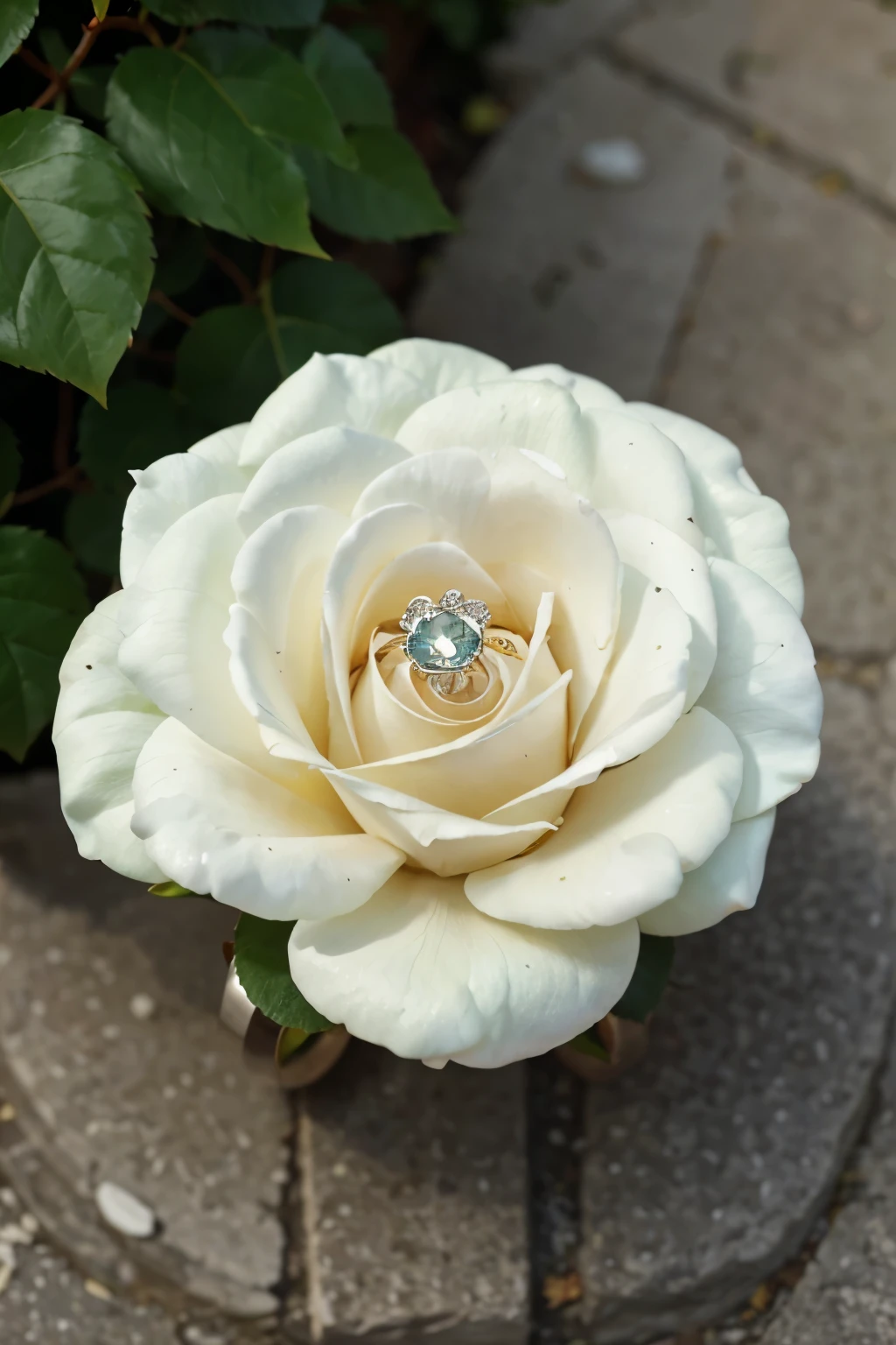 Creates an image of a ring in the shape of a white rose inlaid with white stones in the petals with two leaves of green stones next to the rose