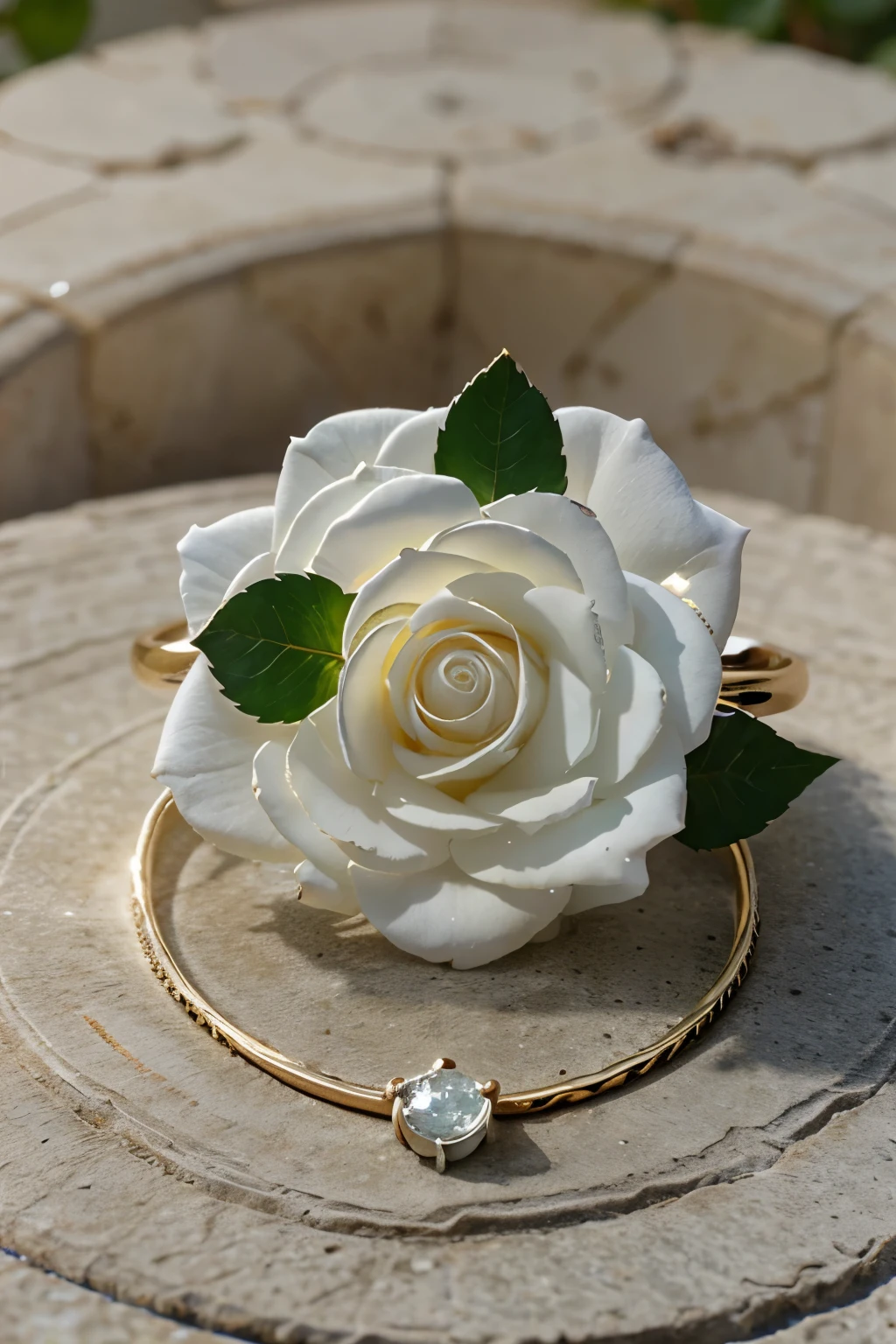 Creates an image of a ring in the shape of a white rose inlaid with white stones in the petals with two leaves of green stones next to the rose