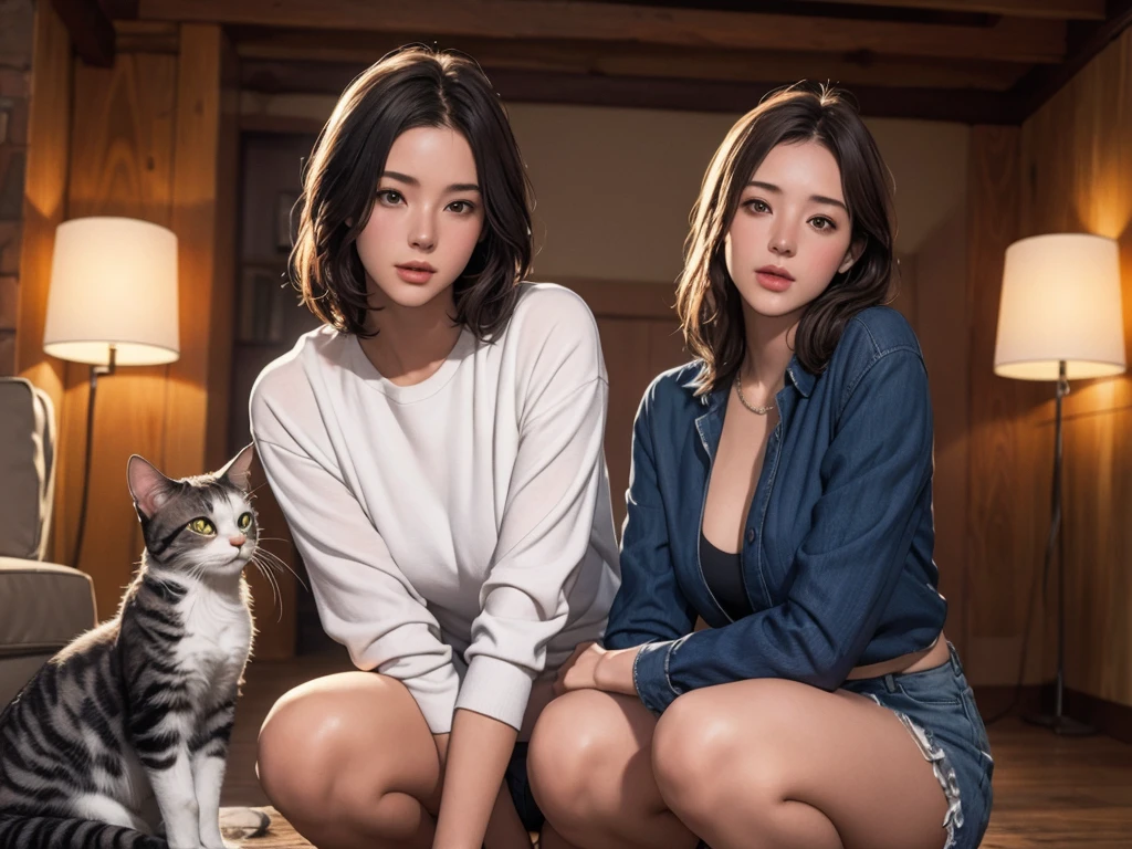 highest quality, Perfect Face, Complex, Beautiful views, Ultra-realistic 8K CG,Perfect artwork, (Ultra-high resolution:1.0), 8k, RAW Photos, (masterpiece:1.2), (PurerosFace_v1:0.5), Cat２Animals, Two Girls, Sitting, Crouching with one&#39;s back turned, ***の背中の上で丸くなって寝るCat, Girl&#39;s face looking back, Catが上に, Girl below, Curled up in the cold, 丸くなっている***とCatを見ている友人の***, indoor, Western-style room, poster on wall, Low Desk, textbook, Note, A scene of students relaxing while studying for a test