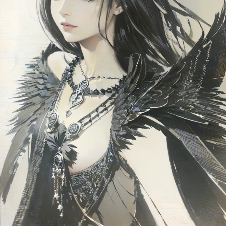 arafed drawing of a woman with black wings and a necklace, villainess has black angel wings, dark angel of coffee, angel with black wings, dark feathered wings, harpy woman, morrigan, black wings instead of arms, 3 / 4 view of woman with wings, young harpy-girl, inka harpy girl, beautiful gothic xray angel