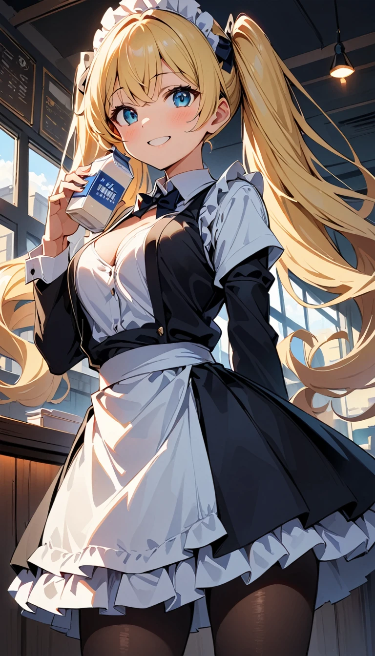 (high quality, 8k, 4K, High Contrast, masterpiece:1.2, 最high quality, Best aesthetics), beauty, Maid, Very detailed, レースのヘッドドレスをつけた魅惑的でエロティックなGalの女の子, smile, (Normal milk, Blonde, Twin tails), Focus on the face, Focus on the face, Complex eyes, tights, 40デニールの黒tights, coffee shop, Low angle shot, Viewers looking up,Gal,Open chest