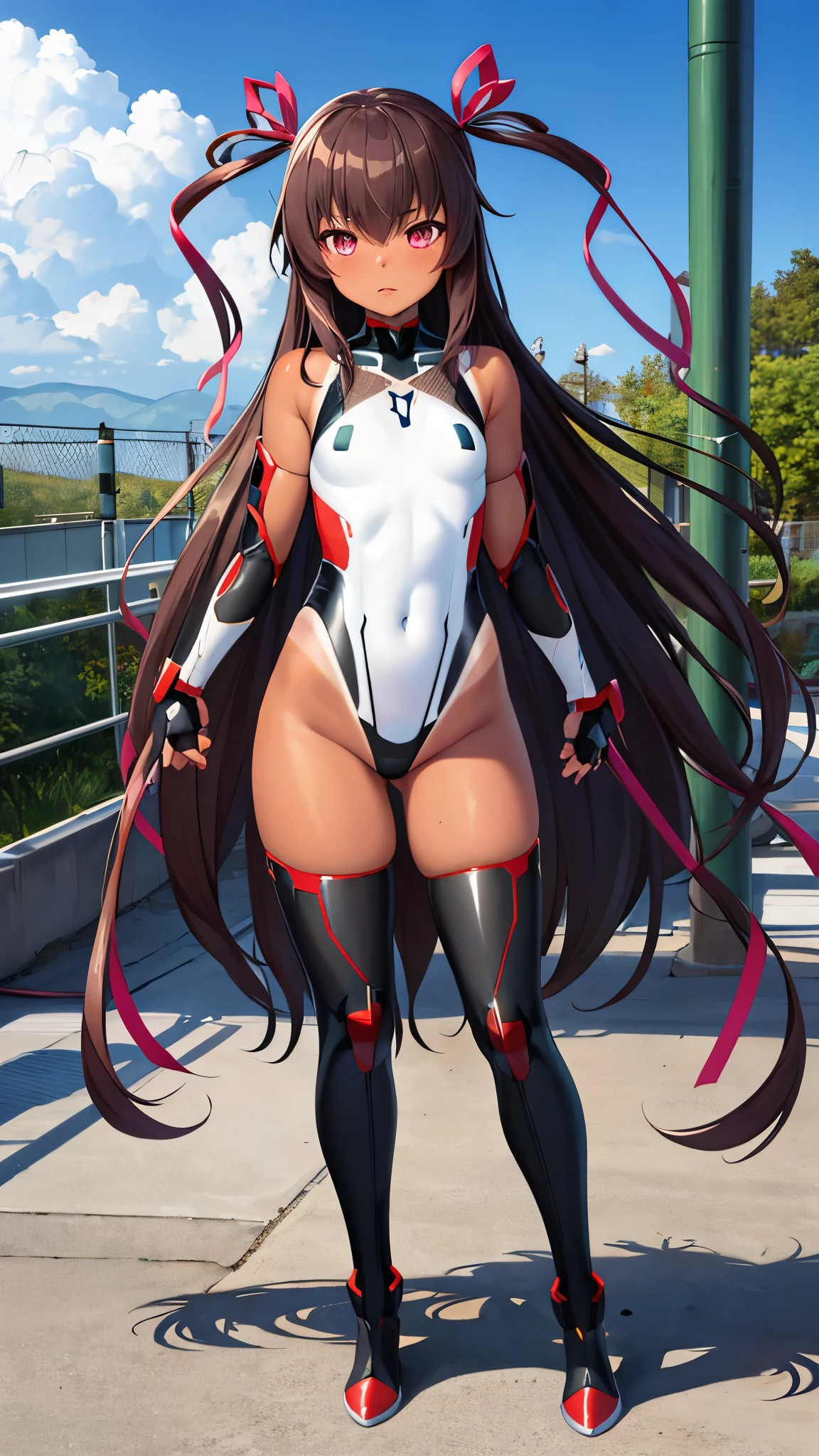 8k,best quality,masterpiece, highest quality, High resolution ,Mizuki Yukikaze, 1 person,Hair Ribbon, Black leotard,( (Taimanin suit)), skinny,flat tits,One Piece Tan, Elbow Bag, Fingerless gloves, Thigh-high boots,pov,Are standing,full body,