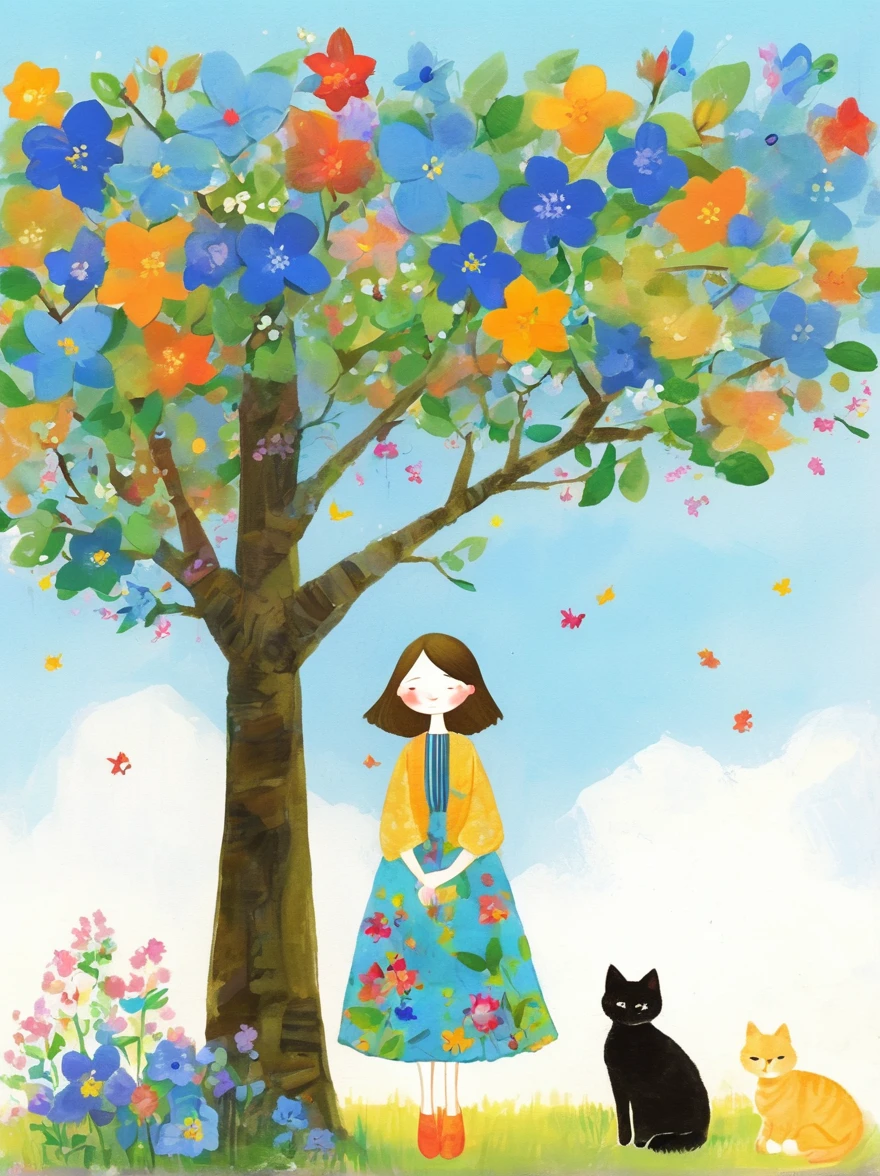 Neutral Color，Boho，Matte，Broken glass effect，Vivid and bright colors，Natural light，Iwona Lifsches and Catherina Abel Figurative Art，Lovely digital artwork in the style of Andy Kehoe and Jasmine 3 Griffith，Colored sketch of a broadleaf tree，(Beautiful young girl wearing a beautiful dress made of blue flowers:1.5)，(Holding a cute kitten:1.5)，Beautiful landscape background，Colorful leaves on the tree，White Cloud，fantasy-realism，Fascinating，HDR，Highly detailed photorealistic digital art，Miki Asai macro photography，close up，Ultra Detailed，Popular on artstation，Sharp focus，Studio Photos，Intricate details，Very detailed，greg rutkowski，mystery