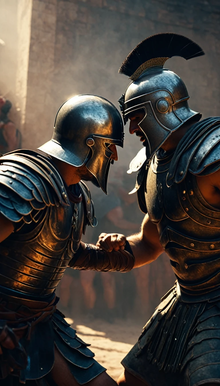 Intense gladiator duel, set in ancient Rome, historical painting, digital UHD (64k) image, cinematic film still dramatic side lighting, hdr,  shallow depth of field, vignette, highly detailed, high budget Hollywood film, cinemascope, moody, epic, gorgeous
, Highly detailed and clean, Photorealistic and cinematic masterpiece, professional photography, realistic, realism, 200k , Raytracing and light effect, digital, perfect composition, beautiful detailed intricate insanely detailed octane render trending on artstation, 8 k artistic photography, photorealistic concept art, soft natural volumetric cinematic perfect light, the morning mist shone on their bodies, award - winning photograph, masterpiece, raphael, caravaggio, greg rutkowski, beeple, beksinski, giger