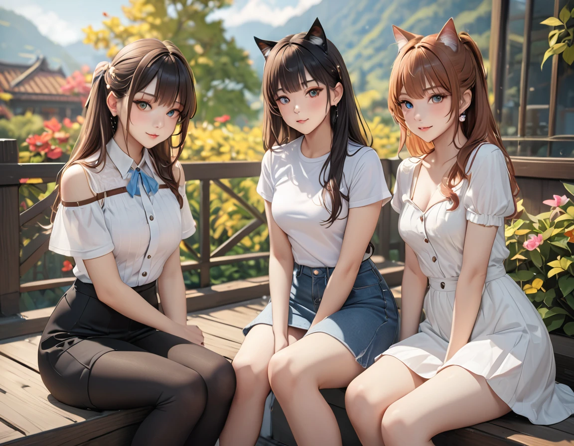 highest quality, Perfect Face, Complex, Beautiful views, Ultra-realistic 8K CG,Perfect artwork, (Ultra-high resolution:1.0), 8k, RAW Photos, (masterpiece:1.2), (PurerosFace_v1:0.5), Cat２Animals, Three Girls, Sitting, Crouching with one&#39;s back turned, ***の背中の上で丸くなって寝るCat, Girl&#39;s face looking back, Catが上に, Girl below, Curled up in the cold, 丸くなっている***とCatを見ている友人の***, indoor, Western-style room, poster on wall, Low Desk, textbook, Note, A scene of students relaxing while studying for a test