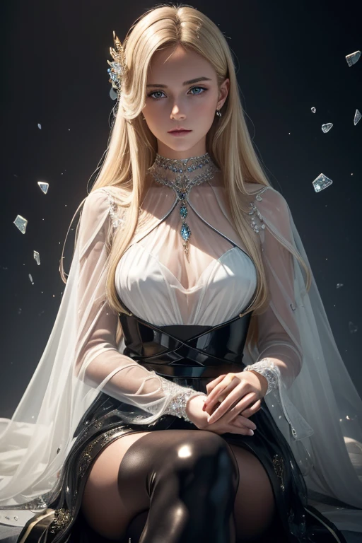 (((medium full shot))), (photorealistic, photorealism, best quality, ultra-detailed:1.3), (nice hands, perfect hands), official art, cinematic light, (beautiful young European girl:1.3),portrait photography ,fashion photo shoot of a very beautiful blonde girl in glass morphism style, glassmorphism, liquid glass, black glass, black glass crown, sitting on a gloomy glass throne, glass fragments, broken glass,