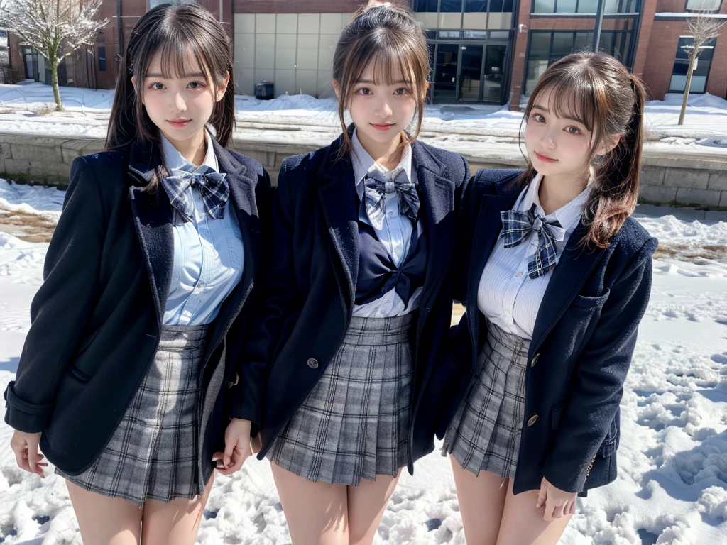 (RAW photo, 4k, masterpiece, high resolution, extremely complex) (realistic: 1.4),2 girls standing in snowy school yard,navy blue overcoat,plaid bow tie,18-year-old,bangs,thighs,large breasts, knees,short cut hair,low ponytail,from below,front-lighting
