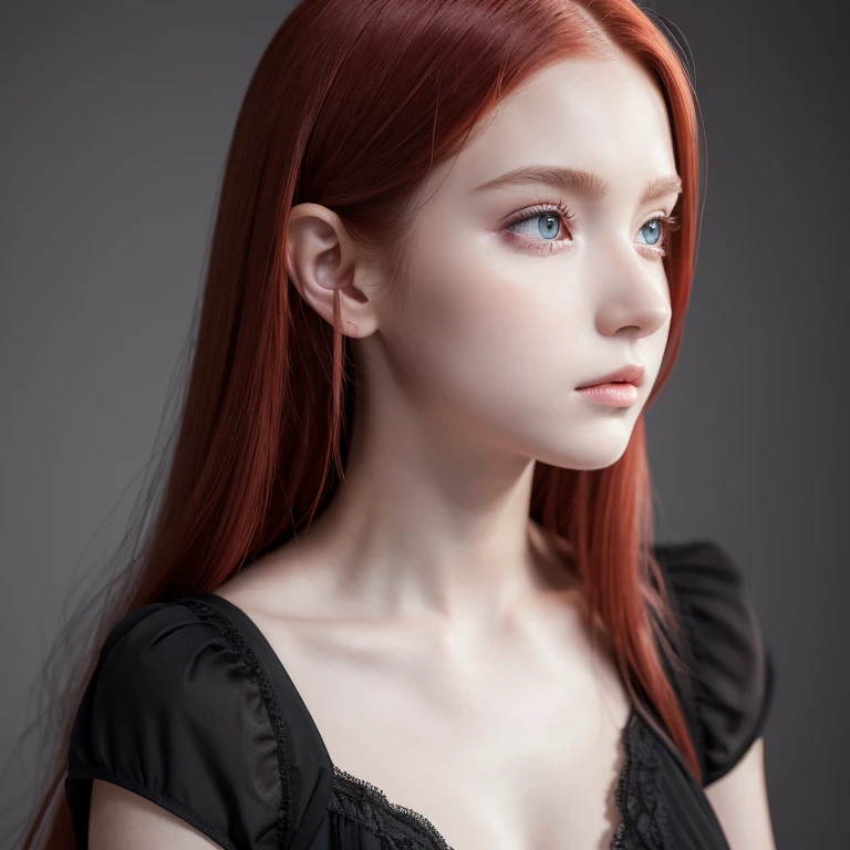 10 year old girl with long red hair, heterochromatic eyes, Pale skin, Flat Chest, She is wearing a black dress with a light pink blouse, With a more elegant and sophisticated touch, Something that matches her mysterious and strong personality. whole, Her appearance will be impressive, Attracts curious and inquisitive gazes, Flat Chested, Cinema Lighting, chromatic aberration, Backlight, masterpiece, Attention to detail, high quality, 4K.