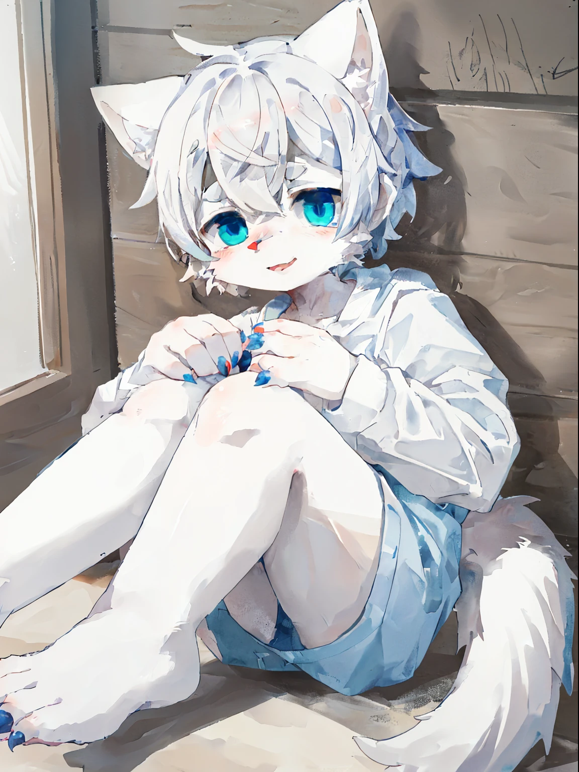 A cute and delicate furry male with white fur and hair everywhere, blue eyes, white fur everywhere, hands and legs with cat like claws, white and short nails, and a furry tail