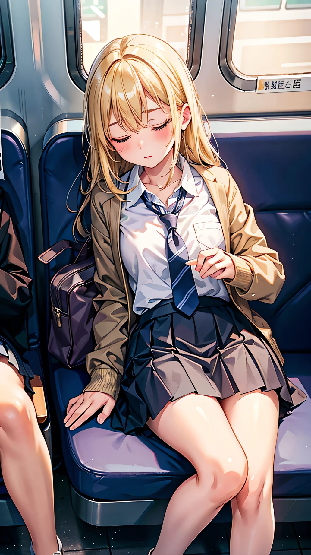highest quality、masterpiece、Very detailed、Girl sleeping on train seat、Dozing off、Commuting、、Blonde woman, Realistic high school girl, cute, Short skirt, Sleeping