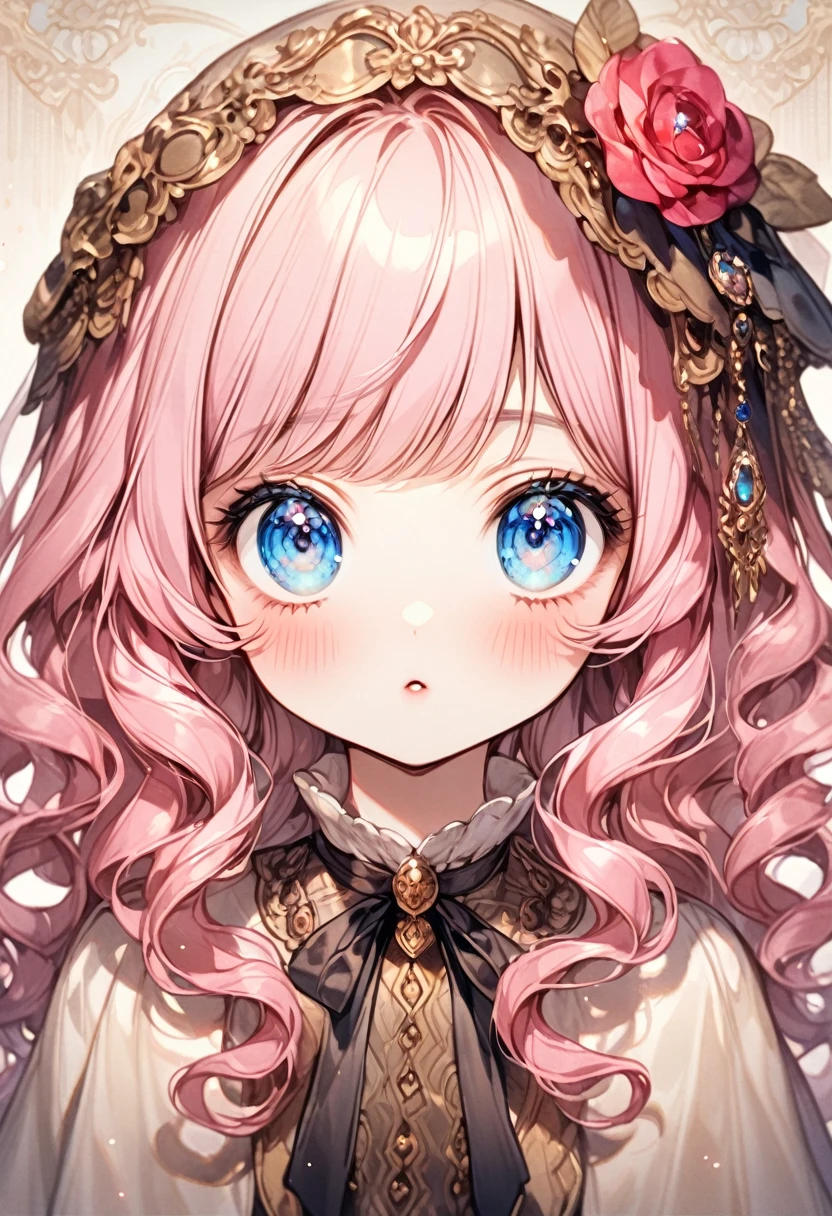 (Antique style, girl: 1.2, Pink hair: 1.1, Blue eyes: 1.1, big eyes)