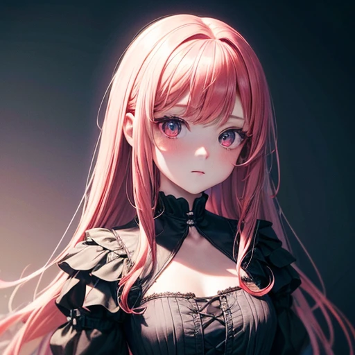 10 year old girl with long red hair, heterochromatic eyes, Pale skin, Flat Chest, She is wearing a black dress with a light pink blouse, With a more elegant and sophisticated touch, Something that matches her mysterious and strong personality. whole, Her appearance will be impressive, Attracts curious and inquisitive gazes, Flat Chested, Cinema Lighting, chromatic aberration, Backlight, masterpiece, Attention to detail, high quality, 4K.