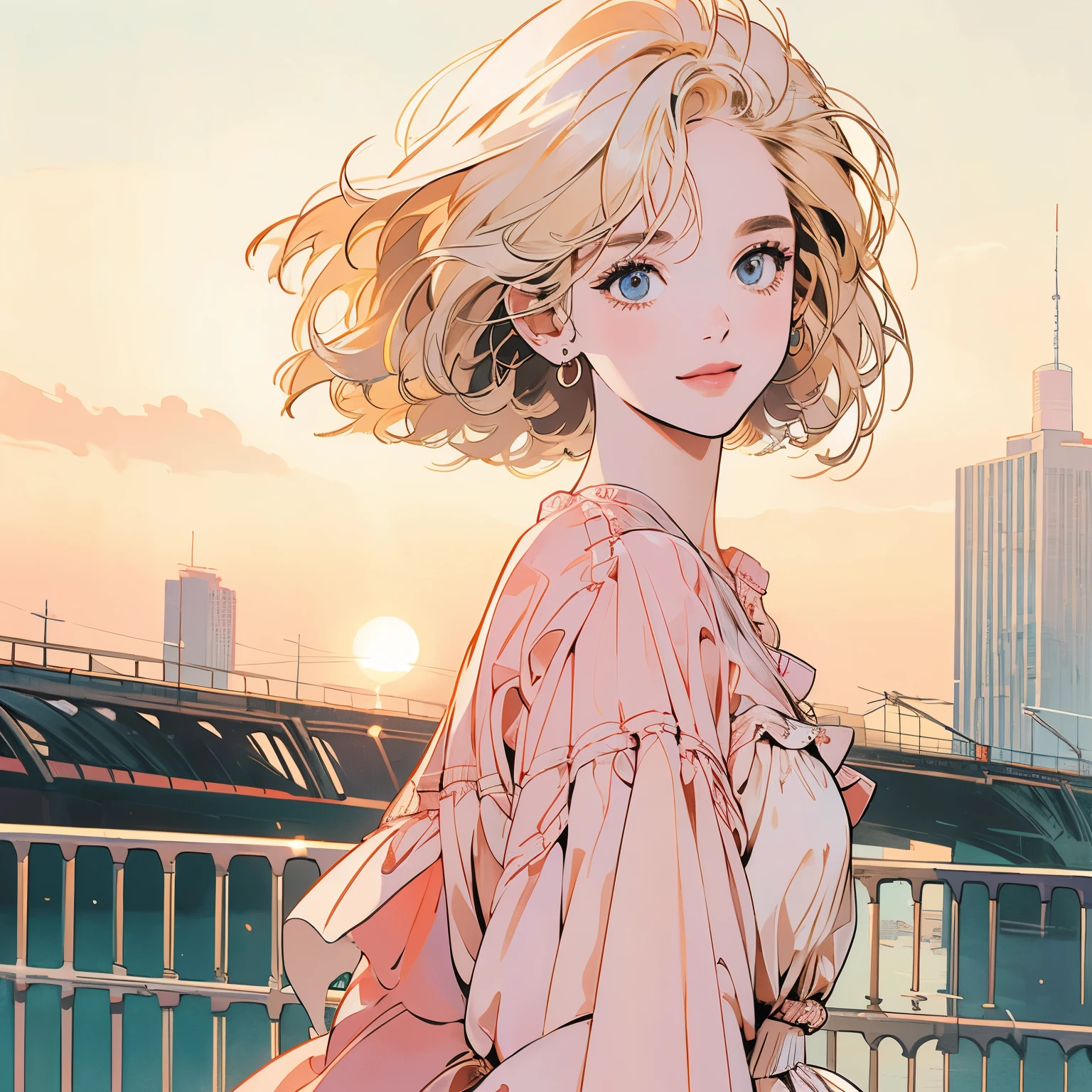 whole body、Kind Face、1 pretty woman、White blouse、Pedestrian bridge、skyscraper、Sunset、Complex background、Detailed Hair、pale golden hair、Faint lighting、short hair length、smile