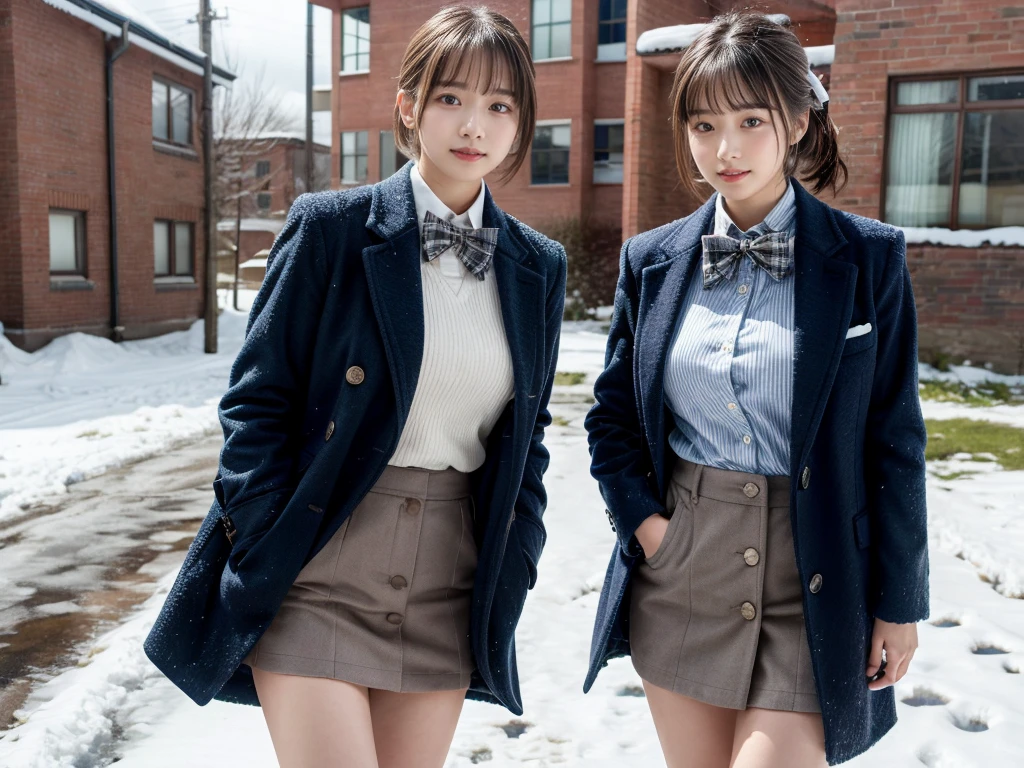 (RAW photo, 4k, masterpiece, high resolution, extremely complex) (realistic: 1.4),2 girls standing in snowy school yard,navy blue overcoat,plaid bow tie,18-year-old,bangs,thighs,large breasts, knees,short cut hair,low ponytail,from below,front-lighting