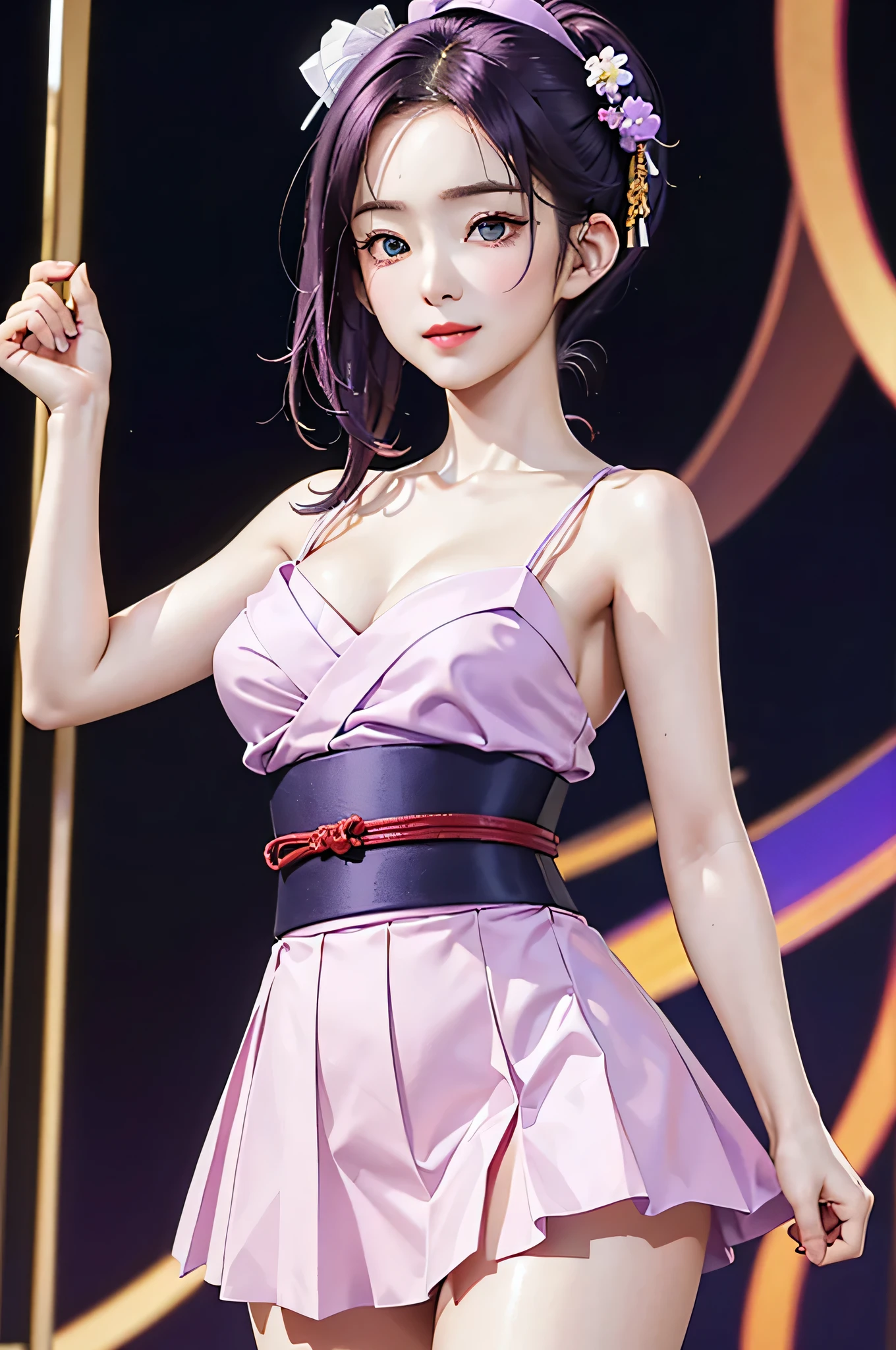 (Finest quality)),(A high resolution),(ultra-detailed art),(Meticulous portrayal),((Best Anime)),(Finest works of
art),sharpness,Clear,Ultra-Precision Art,The art of astounding depiction,(masterpiece),
short Hair ponytail, short ponytail, purple hair, vibrant purple hair, extremely detailed hair, detailed bangs, with
bangs,
pretty face, beautiful lips, soft lips,pretty face, close up face,serious face, pretty nose, beautiful nose,
pretty eyes, beautiful eyes, detailed eyes, perfect eyes, green eyes,
happy, jolly, smiling,
clear skin,white skin, soft skin, small bust, small breasts, smooth skin,
korean girl, korean beauty, irene, red velvet irene,
japanese yukata, violet yukata, japanese clothing, detailed yukata, yukata without the ribbon, japanese belt, detailed clothing, perfect yukata, violet skirt, mini skirt, detailed skirt, ronin clothing, female ronin, cloth on breasts, slight cleavage,
cool pose, full body, detailed thighs, detailed legs,
super high-angle shot, no background,looking at camera,