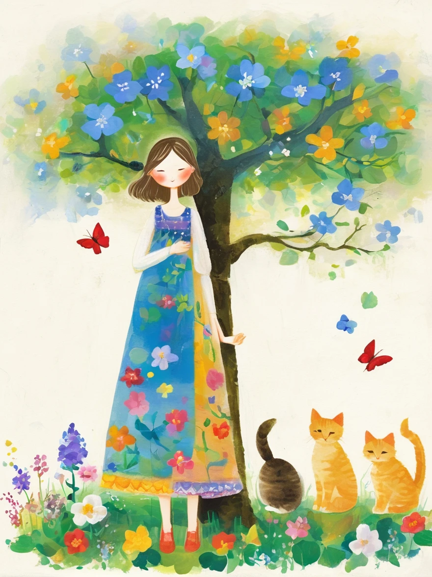 Neutral Color，Boho，Matte，Broken glass effect，Vivid and bright colors，Natural light，Iwona Lifsches and Catherina Abel Figurative Art，Lovely digital artwork in the style of Andy Kehoe and Jasmine 3 Griffith，Colored sketch of a broadleaf tree，(Beautiful young girl wearing a beautiful dress made of blue flowers:1.5)，(Holding a cute kitten:1.5)，Beautiful landscape background，White Cloud，fantasy-realism，Fascinating，HDR，Highly detailed photorealistic digital art，Miki Asai macro photography，close up，Ultra Detailed，Popular on artstation，Sharp focus，Studio Photos，Intricate details，Very detailed，greg rutkowski，mystery