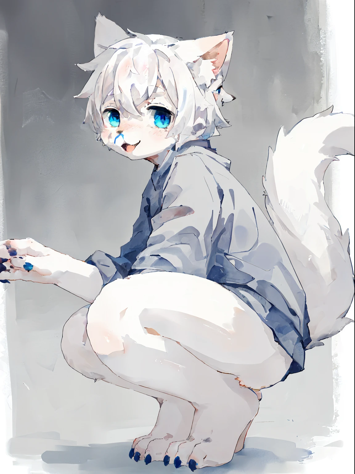 A cute and delicate furry male with white fur and hair everywhere, blue eyes, white fur everywhere, hands and legs with cat like claws, white and short nails, and a furry tail