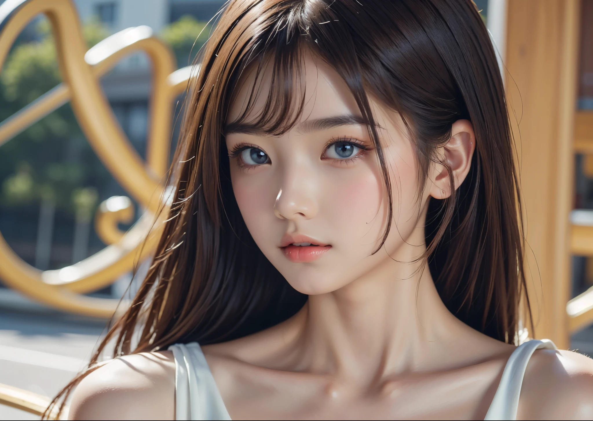 (masterpiece, highest quality, highest quality, Official Art, beautifully、aesthetic:1.2)、Bust Shot、 (1 cute girl with off-the-shoulder)、Big iridescent eyes、Beautiful skin、Expressionlesoderate breast size、(Long light brown hair with bangs)、(Glowing color fractal art background:1.3)、Very detailed、Perfect lighting、Sharp focus、High resolution、High resolution、High color rendering、High resolution、Super realistic、