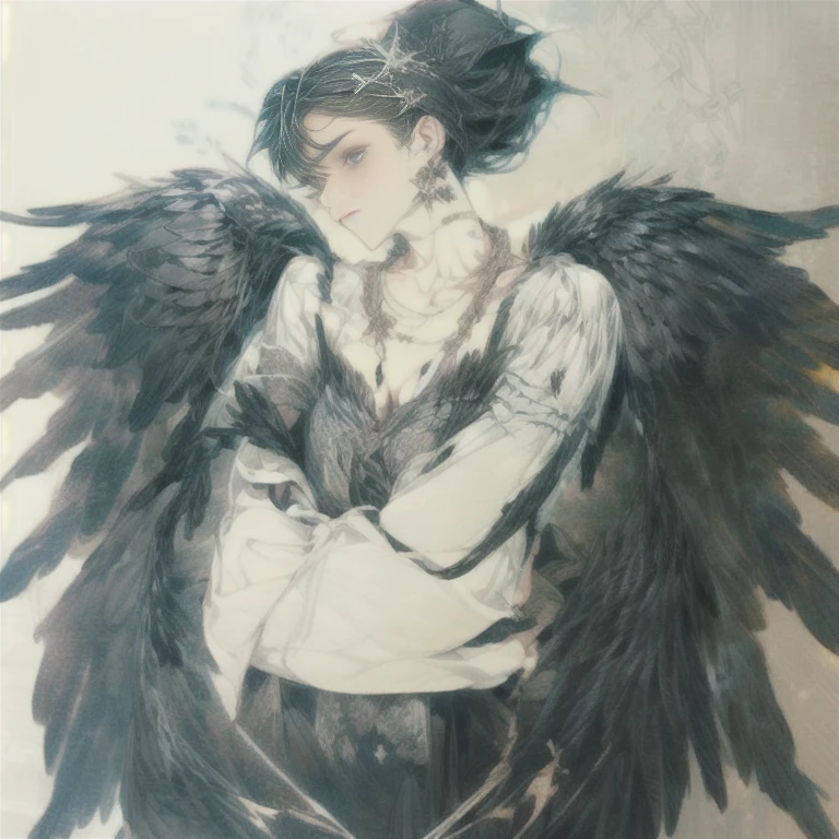 arafed drawing of a woman with black wings and a necklace, villainess has black angel wings, dark angel of coffee, angel with black wings, dark feathered wings, harpy woman, morrigan, black wings instead of arms, 3 / 4 view of woman with wings, young harpy-girl, inka harpy girl, beautiful gothic xray angel