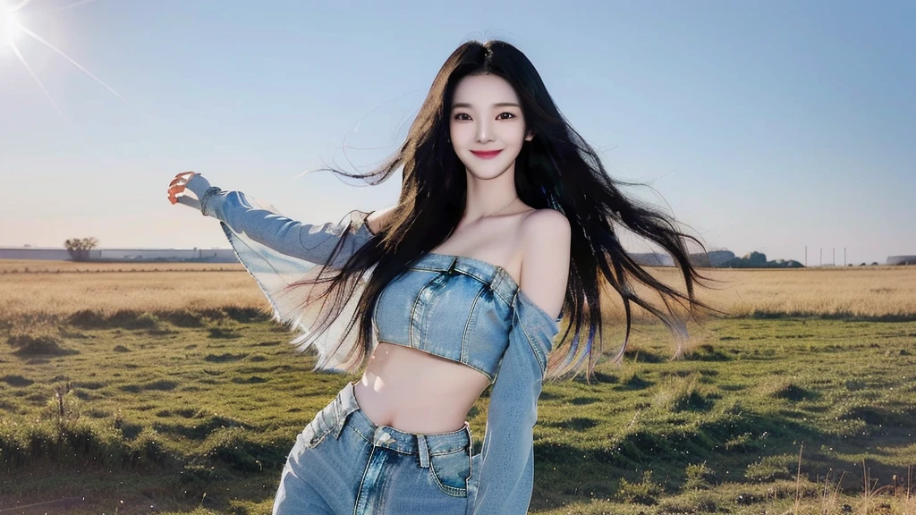 A woman with long black hair stood in a field., The wind is blowing strong., Beautiful sunlight, clear sky, Wear a tight blue crop top with open shoulders., shoulder, collarbone, abdomen, navel, Wear short jeans, Beautiful legs, beautiful korean girl, Korean model, sexy, smile.