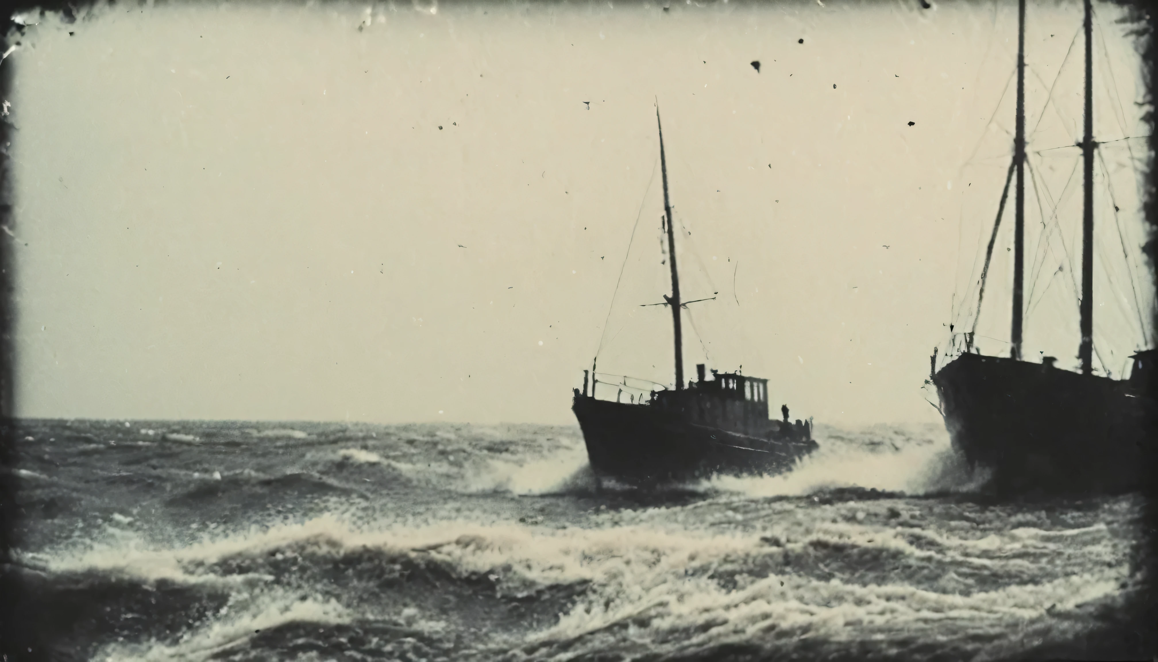 grainy, polaroid, 35mm vintage, realistic old footage, huge dark monstrous silhouettes seen lurking under the water from a modern-boat sailing atlantic ocean, Seen from sail-boat deck. Black and white colors.
