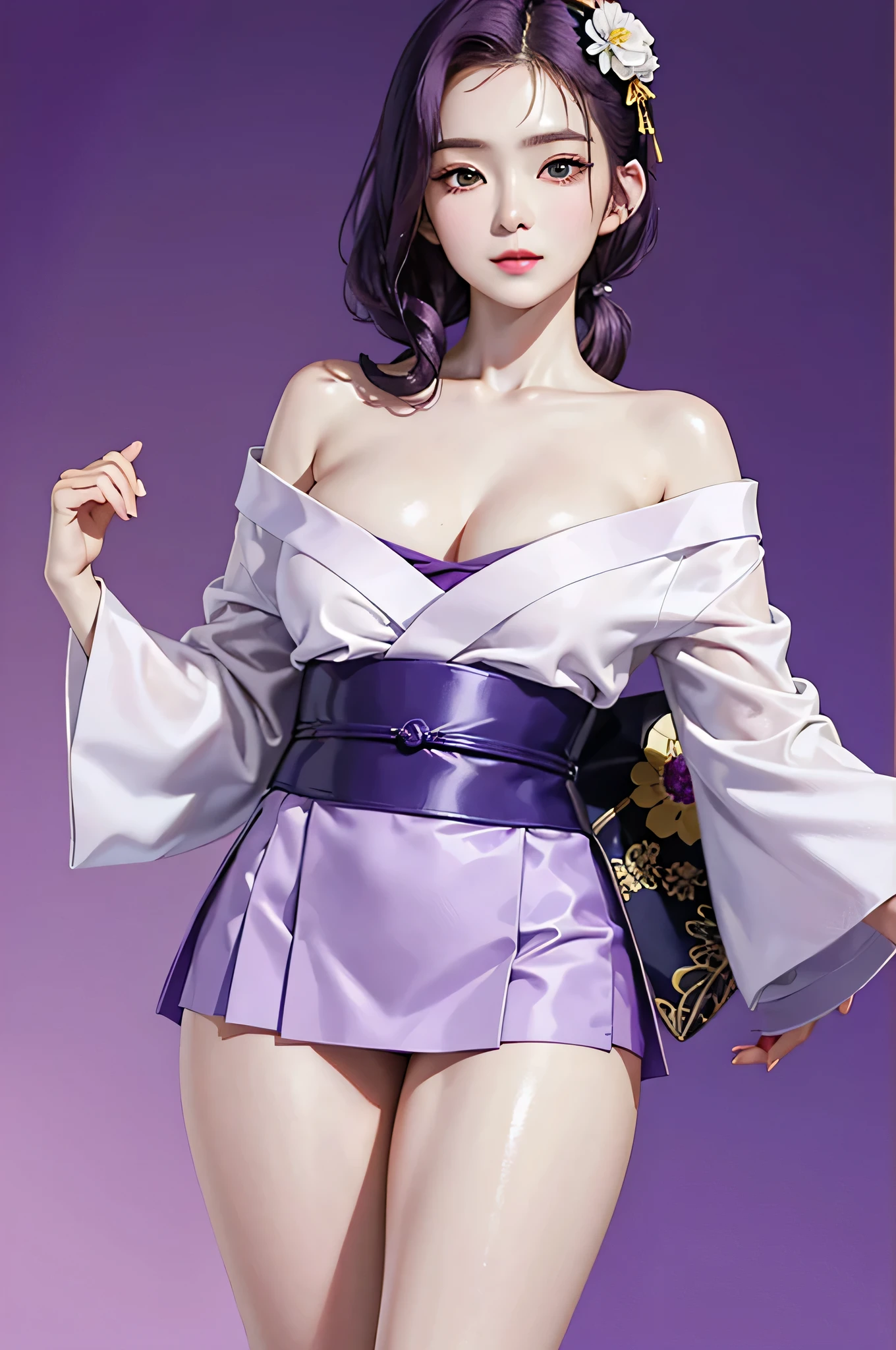 (Finest quality)),(A high resolution),(ultra-detailed art),(Meticulous portrayal),((Best Anime)),(Finest works of
art),sharpness,Clear,Ultra-Precision Art,The art of astounding depiction,(masterpiece),
short Hair ponytail, short ponytail, purple hair, vibrant purple hair, extremely detailed hair, detailed bangs, with
bangs,
pretty face, beautiful lips, soft lips,pretty face, close up face,serious face, pretty nose, beautiful nose,
pretty eyes, beautiful eyes, detailed eyes, perfect eyes, green eyes,
happy, jolly, smiling,
clear skin,white skin, soft skin, small bust, small breasts, smooth skin,
korean girl, korean beauty, irene, red velvet irene,
japanese yukata, violet yukata, japanese clothing, detailed yukata, yukata without the ribbon, japanese belt, detailed clothing, perfect yukata, violet skirt, mini skirt, ronin clothing, female ronin, cloth on breasts, slight cleavage,
cool pose, full body, detailed thighs, detailed legs,
super high-angle shot, no background,looking at camera,