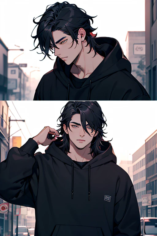 A black medium long wolf cut haired golden iris 20 year old boy in modern black hoodies 