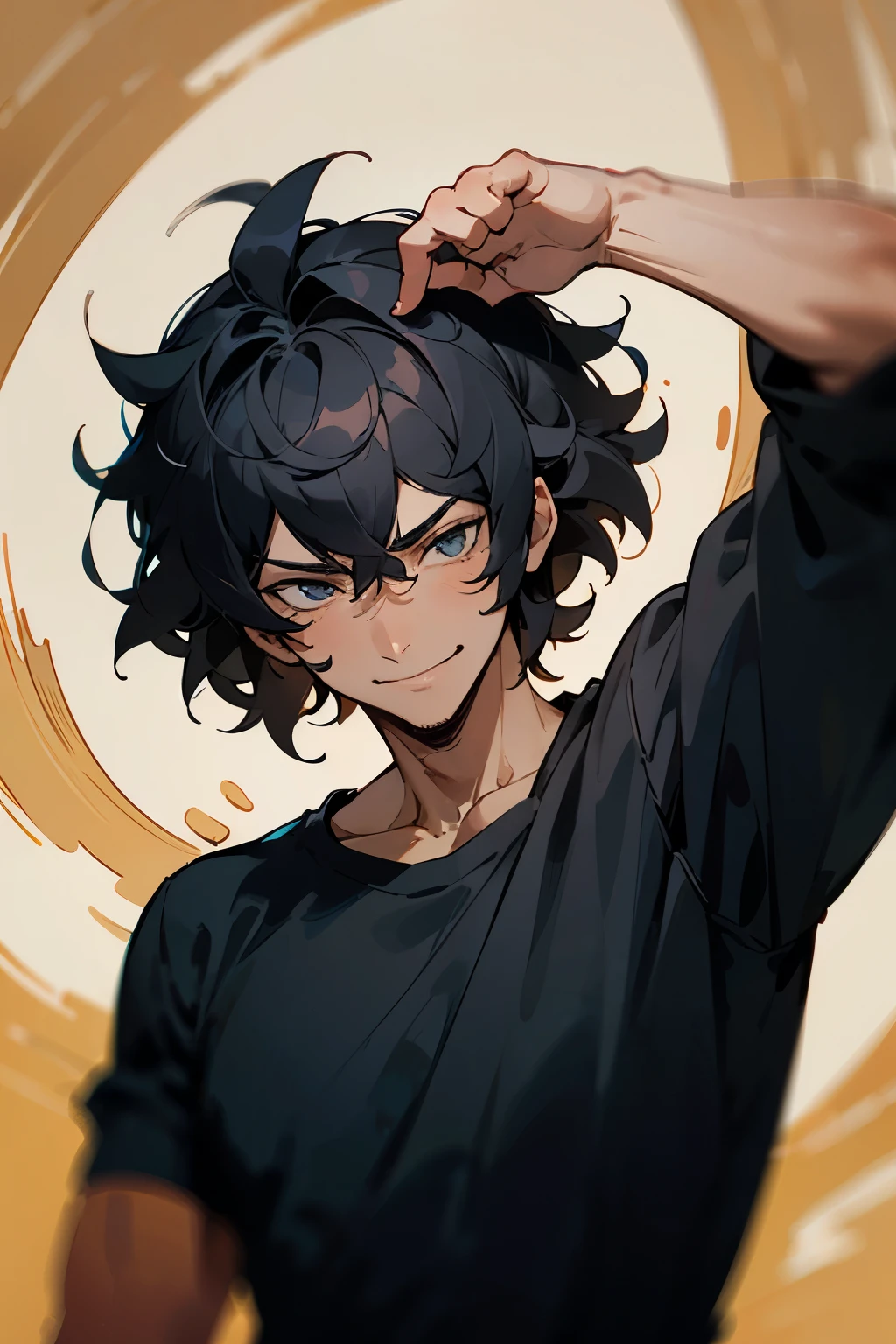 ((best quality)), ((Masterpiece)), (details) A man with a mischievous personality, playful, wavy hair, black hair, tan skin, taperfade haircut, mischievous smile, scratching his head, wearing a black shirt.
