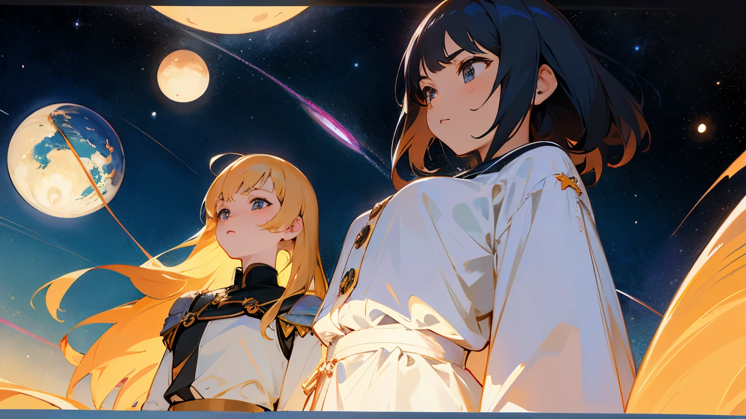
(masterpiece、Best Quality: 1.2)、Provocative composition、Low - Angle、From below、Look Up、Cinematic Anime、universe、universe、milky way、Cosmos、惑star、star、universe飛行士、whole body、Super detailed、Beautiful Face、Fine grain、Anime clips of three girls floating in great detail、Correct ???????、Incredible Absades