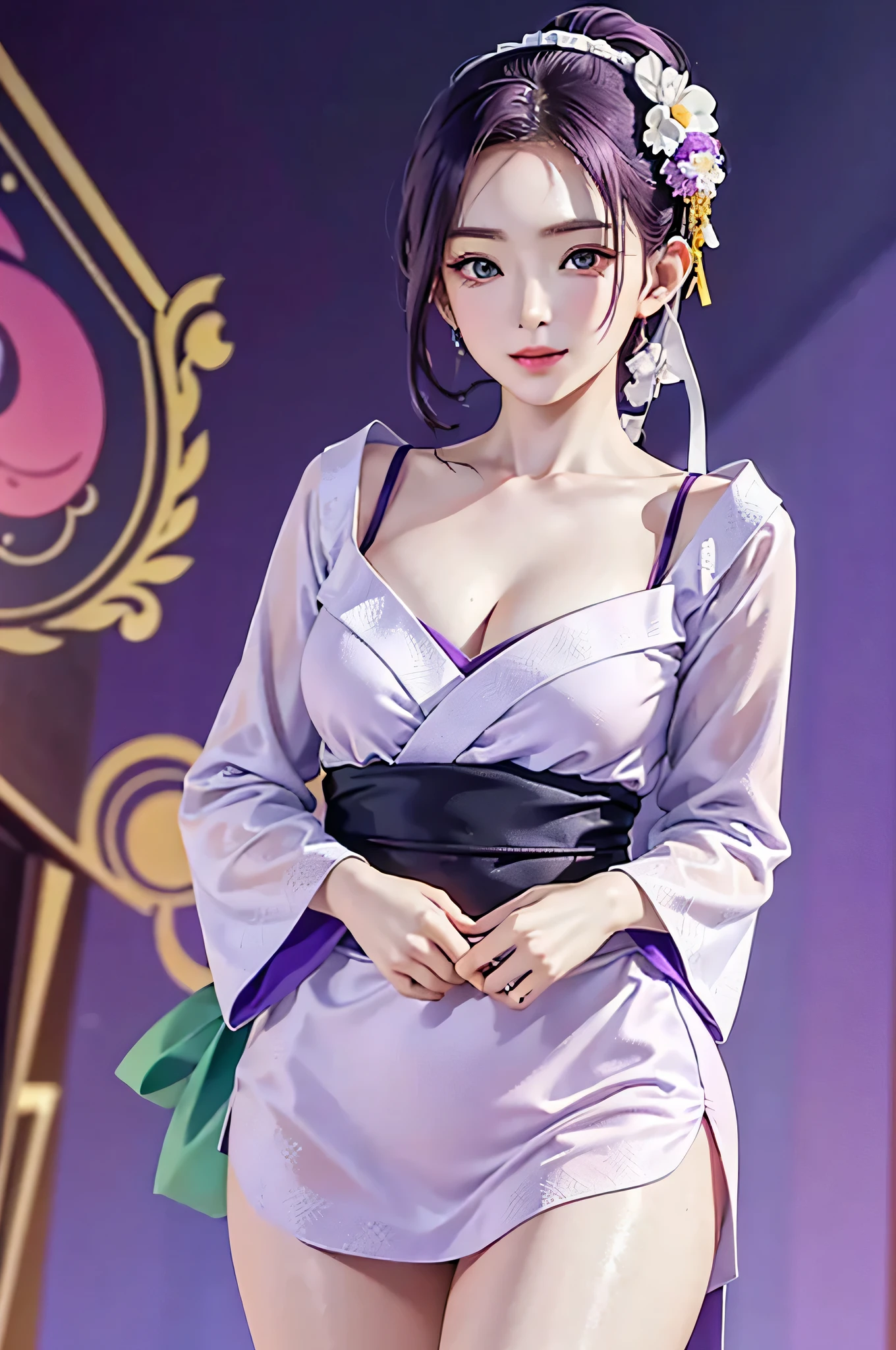 (Finest quality)),(A high resolution),(ultra-detailed art),(Meticulous portrayal),((Best Anime)),(Finest works of
art),sharpness,Clear,Ultra-Precision Art,The art of astounding depiction,(masterpiece),
short Hair ponytail, short ponytail, purple hair, vibrant purple hair, extremely detailed hair, detailed bangs, with
bangs,
pretty face, beautiful lips, soft lips,pretty face, close up face,serious face, pretty nose, beautiful nose,
pretty eyes, beautiful eyes, detailed eyes, perfect eyes, green eyes,
happy, jolly, smiling,
clear skin,white skin, soft skin, small bust, small breasts, smooth skin,
korean girl, korean beauty, irene, red velvet irene,
japanese yukata, violet yukata, japanese clothing, detailed yukata, yukata without the ribbon, detailed clothing, perfect yukata, violet skirt, mini skirt, ronin clothing, female ronin, cloth on breasts, slight cleavage,
cool pose, full body, detailed thighs, detailed legs,
super high-angle shot, no background,looking at camera,