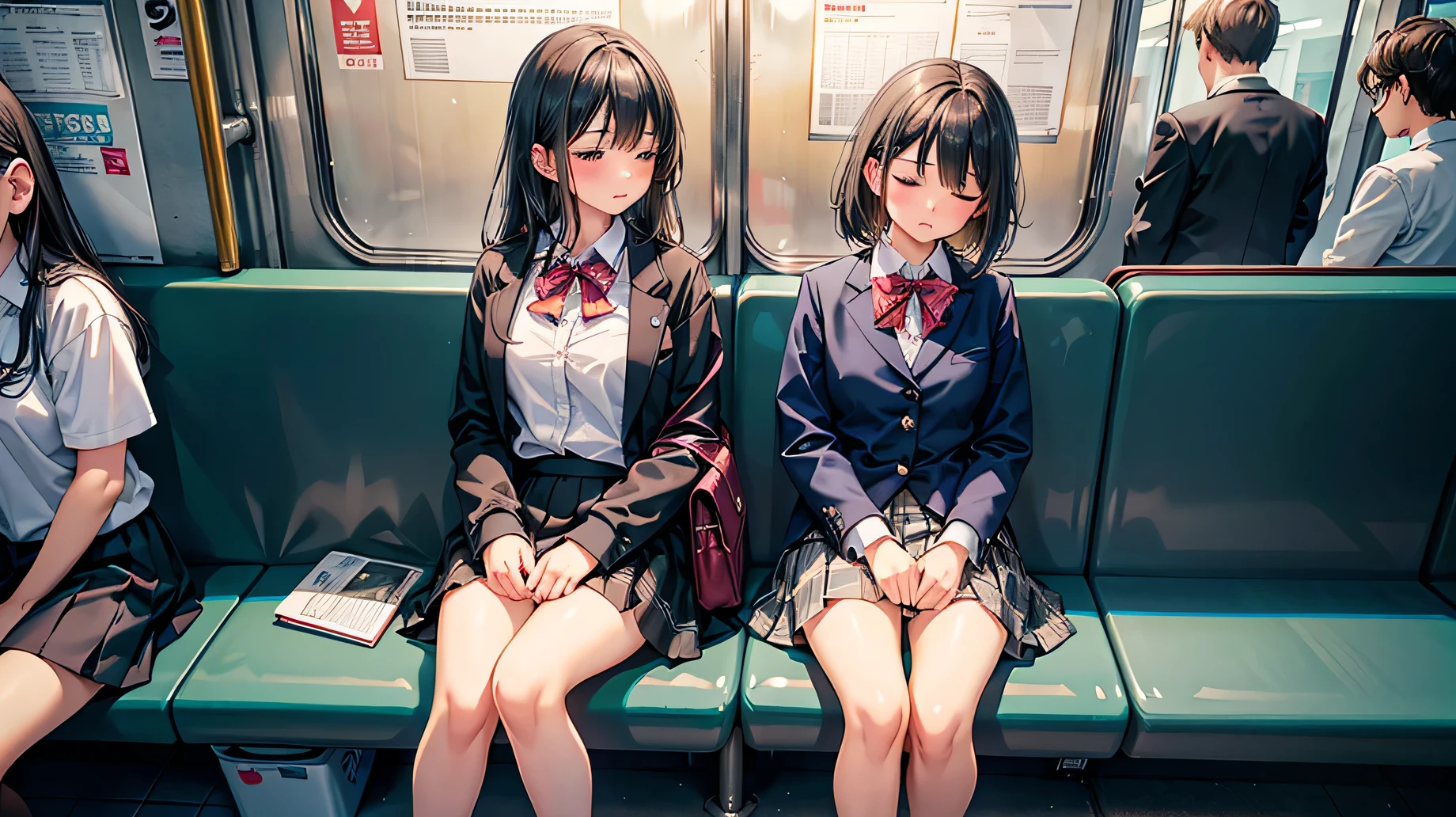 highest quality、masterpiece、Very detailed、A girl sleeping on a train seat、Dozing off while sitting、Commuting、、Black-haired woman, Realistic high school girl, cute, Short skirt, Sleeping、Correct seat