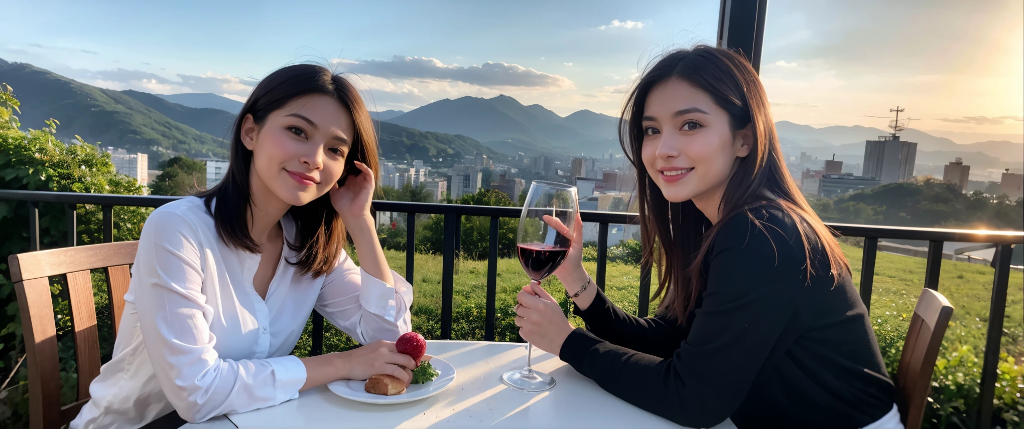 ((highest quality、8k、masterpiece:1.3))、1 male、1 female、Couple、spouse、Couple、Slim body、((Bob Hale、Straight hair:1.2)), (Realistic, Intricate details:1.2), Wine glass on the table、Shine light on your face、 Amazing view of the sunset sky and clouds、Amazing mountain views、A bright smile、The wonderfulness of smile、Bright image、The beauty of wine, Beautiful Face, blue eyes, The light shines on your face, Blushing, short hair,Bright Face、 (Age 37), 39 years old, red wine 、Appetizers、Italian food、Wine bottle、Champagne、sparkling wine、Two beauties、Brown Hair、Shortcuts、Long sleeve shirt、dress、Pretty Woman 1, (Slim face), (The body is slim), (Brown Hair), (Shortcuts), cheeks turn a little red,Attractive beauty、restaurant, In a prominent place (From the waist up) Nova Frog Style, actress, model, Upper Body, White wine, slim, wine glass, Wine glass placed in the center, smile, (smile: 1.15), Beautiful fine grain, Depth f/2,saturation, High Contrast, Strong light and shadow,Moist Body:1.5、3D texture、Delicate eyes、Brown Hair、The hair is very shiny、