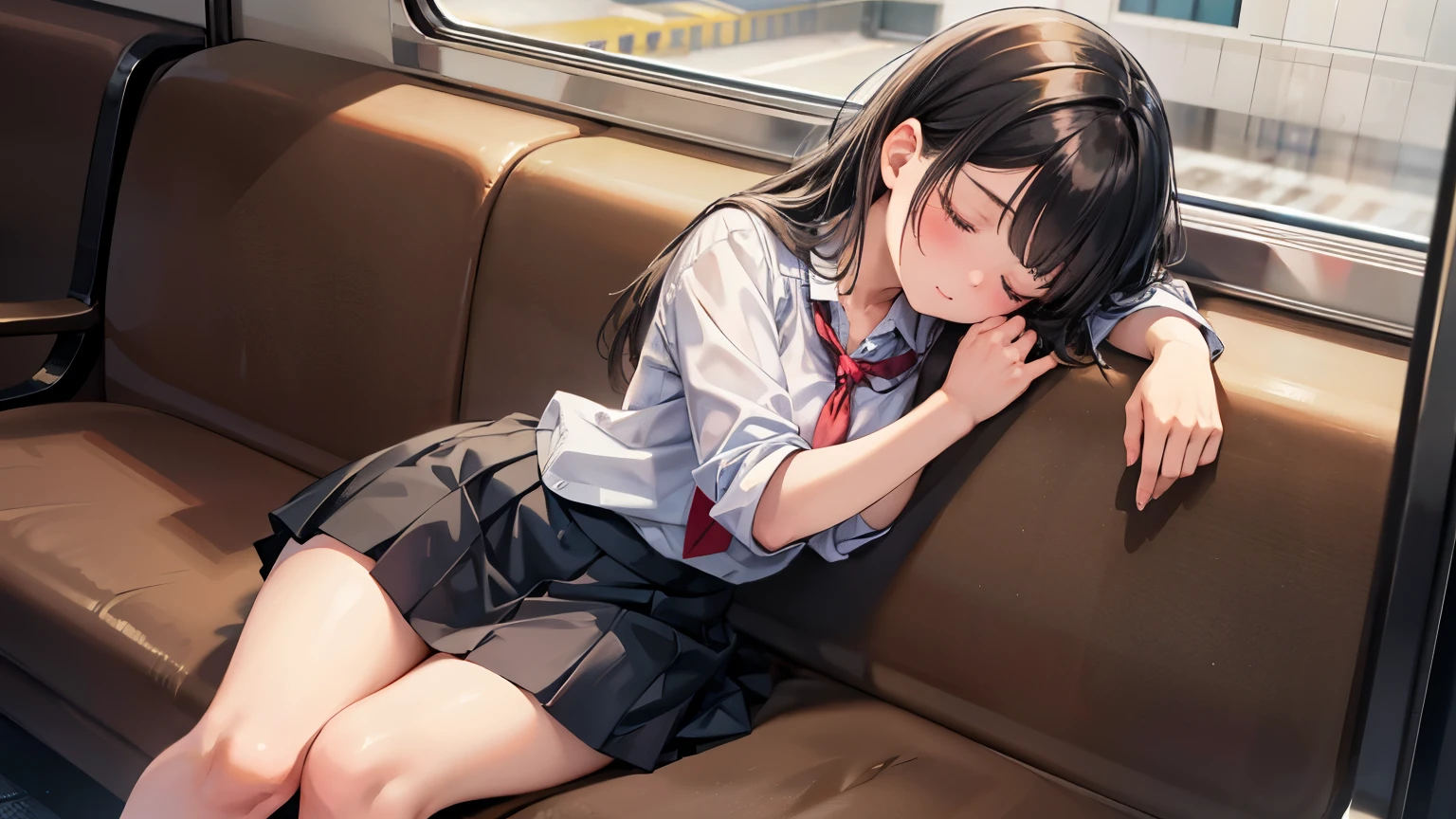 highest quality、masterpiece、Very detailed、A girl sleeping on a train seat、Dozing off while sitting、Commuting、、Black-haired woman, Realistic high school girl, cute, Short skirt, Sleeping