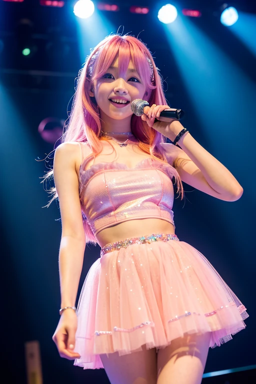 16 year old pink haired Japanese girl。She is fair-skinned and wears a high .。Dancing。Standing on a live stage bathed in pink and light blue lights。