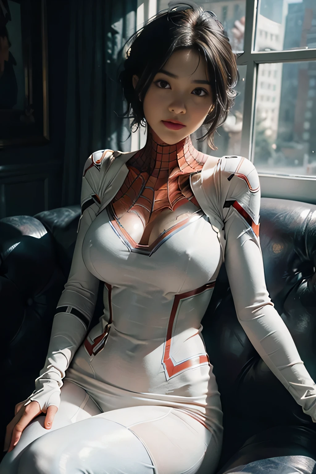 (Extreme Detail CG Unity 8K wallpaper, masterpiece, highest quality), (Exquisite lighting and shadow, highly dramatic picture, Cinematic lens effect), a girl in a white Spider-Man costume, black hair color, from the Spider-Man parallel universe, Wenger, Marvel, Spider-Man, sitting on the couch, dynamic pose), (excellent detail, excellent lighting, wide angle), (excellent rendering, enough to stand out in its class), focus on white Spider-Man costumes, complex spider textures, (large breast), (slim body),