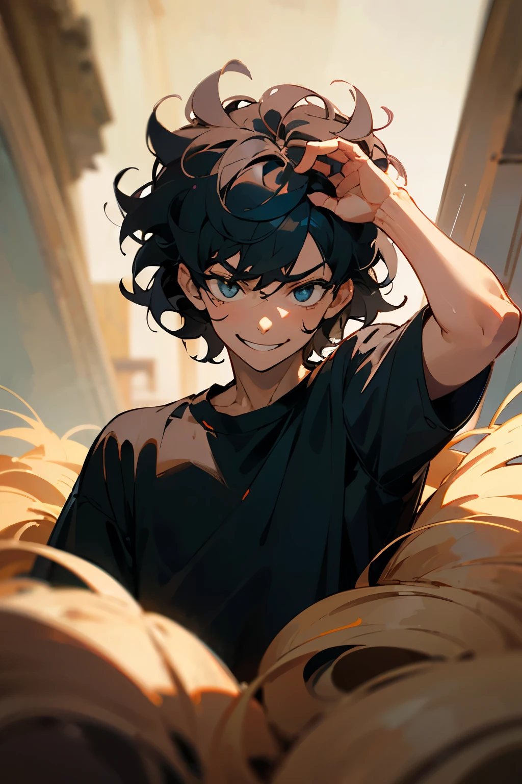 ((best quality)), ((Masterpiece)), (details) A man with a mischievous personality, playful, wavy hair, black hair, tan skin, taperfade haircut, mischievous smile, scratching his head, wearing a black shirt.