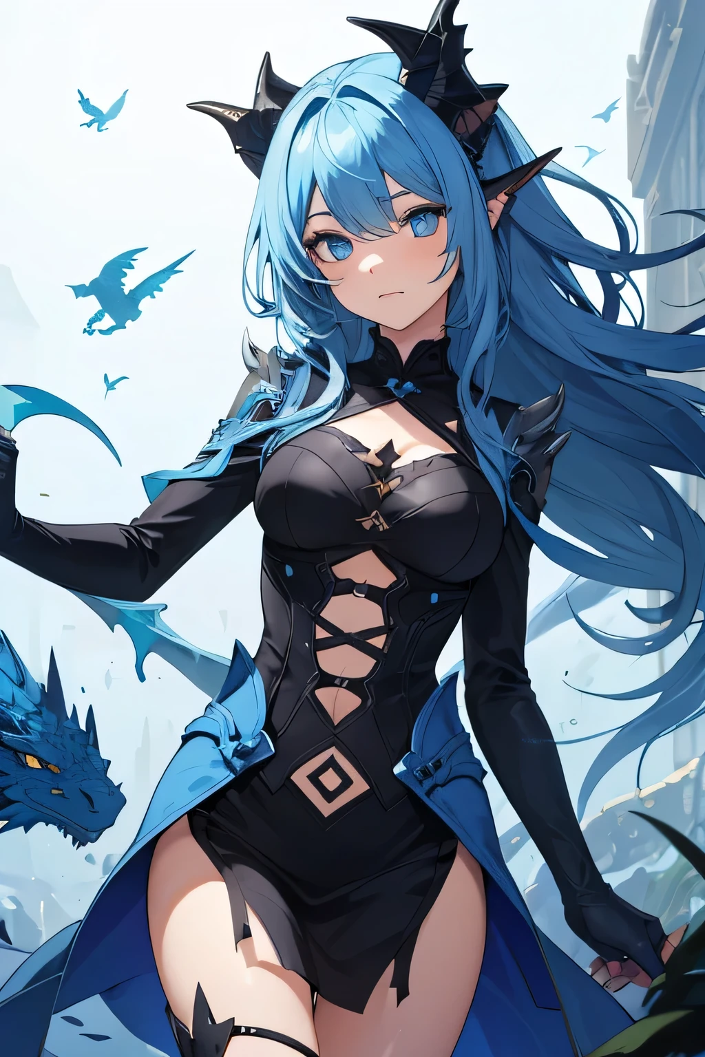 1girl in, Blue hair, sharp blue eyes, she is a dragon girl