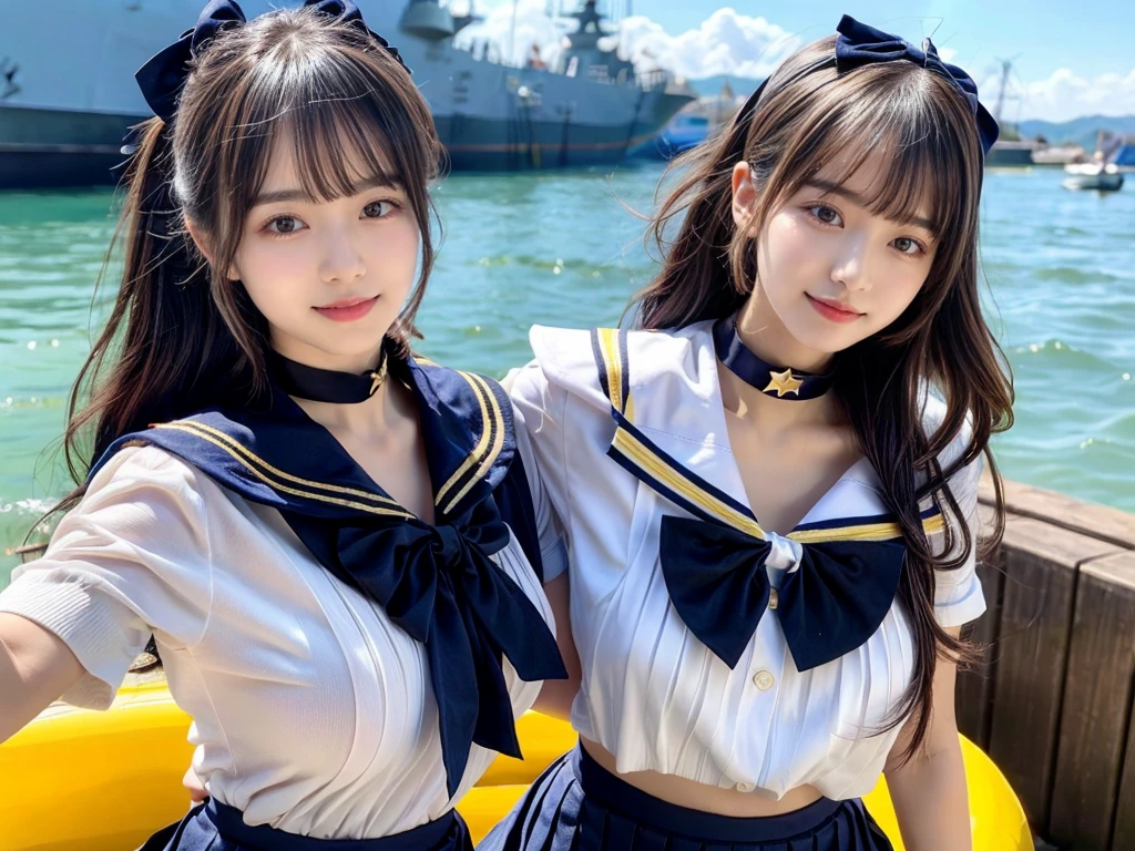 (((very heavy chest))),NSFW, 16k raw photos, highest quality, masterpiece, ultra high resolution, ((She is wearing Beautiful exposed redShe is wearing (a high school sailor uniform).
(navy sailor collar:1.4),(white shirt:1.4),(navy pleats skirt:1.4),(navy bow:1.4))).movie, ((2 girls, , 2 schoolgirls)),((attractive expression)),eyes shine、 looking at the viewer, natural skin texture very heavy chest))),((( metal black ribbon around the neck))).star handle mold、((yellow eyes)),Realistic eye and face details, lip whole, lipstick makeup), fluffy ponytail hair, laughter, Beautiful feet, tall woman, ((glowing skin)),((Beautiful armpit)), slim_feet, huge breasts, cleavage, beautiful natural places, beautiful flower garden、(detailed background,highly exposed, huge breasts, blurred background,, JK ribbon on the neck, jk ribbon, golden hair, bracelet, water, bangs, split your lips、armpit、beautiful hip line、glowing skin、(((eyes shine brightly))),lotion skin、High leg、((black hair)),highly exposed、Skimpy pink luxury fur coat、beautiful sea background、wind effect、