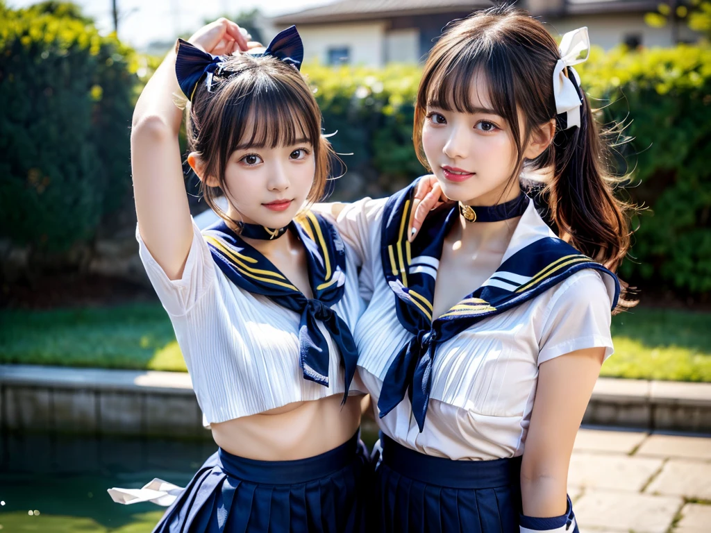 (((very heavy chest))),NSFW, 16k raw photos, highest quality, masterpiece, ultra high resolution, ((She is wearing Beautiful exposed redShe is wearing (a high school sailor uniform).
(navy sailor collar:1.4),(white shirt:1.4),(navy pleats skirt:1.4),(navy bow:1.4))).movie, ((2 girls, , 2 schoolgirls)),((attractive expression)),eyes shine、 looking at the viewer, natural skin texture very heavy chest))),((( metal black ribbon around the neck))).star handle mold、((yellow eyes)),Realistic eye and face details, lip whole, lipstick makeup), fluffy ponytail hair, laughter, Beautiful feet, tall woman, ((glowing skin)),((Beautiful armpit)), slim_feet, huge breasts, cleavage, beautiful natural places, beautiful flower garden、(detailed background,highly exposed, huge breasts, blurred background,, JK ribbon on the neck, jk ribbon, golden hair, bracelet, water, bangs, split your lips、armpit、beautiful hip line、glowing skin、(((eyes shine brightly))),lotion skin、High leg、((black hair)),highly exposed、Skimpy pink luxury fur coat、beautiful sea background、wind effect、