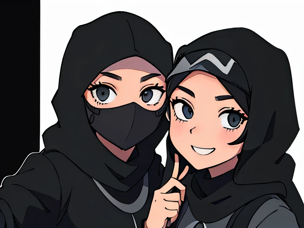 perfect anime illustration , selfie angle of two girls wearing a black niqab hijab, black outfit and masks standing together, smiling, taking selfie angle
