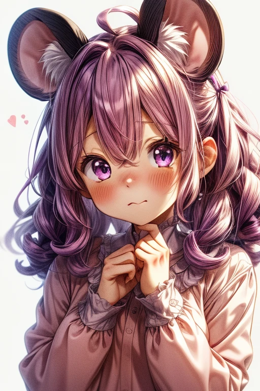 purple hair, curly hair, hair ribbon, sparkling eyes, animal ears, mouse ears, shy, full blush, flustered, light blush, anime, anime style, Minimalism, 8k, super detail, furry, animal tail, mouse tail, cute, kawaii, chibi