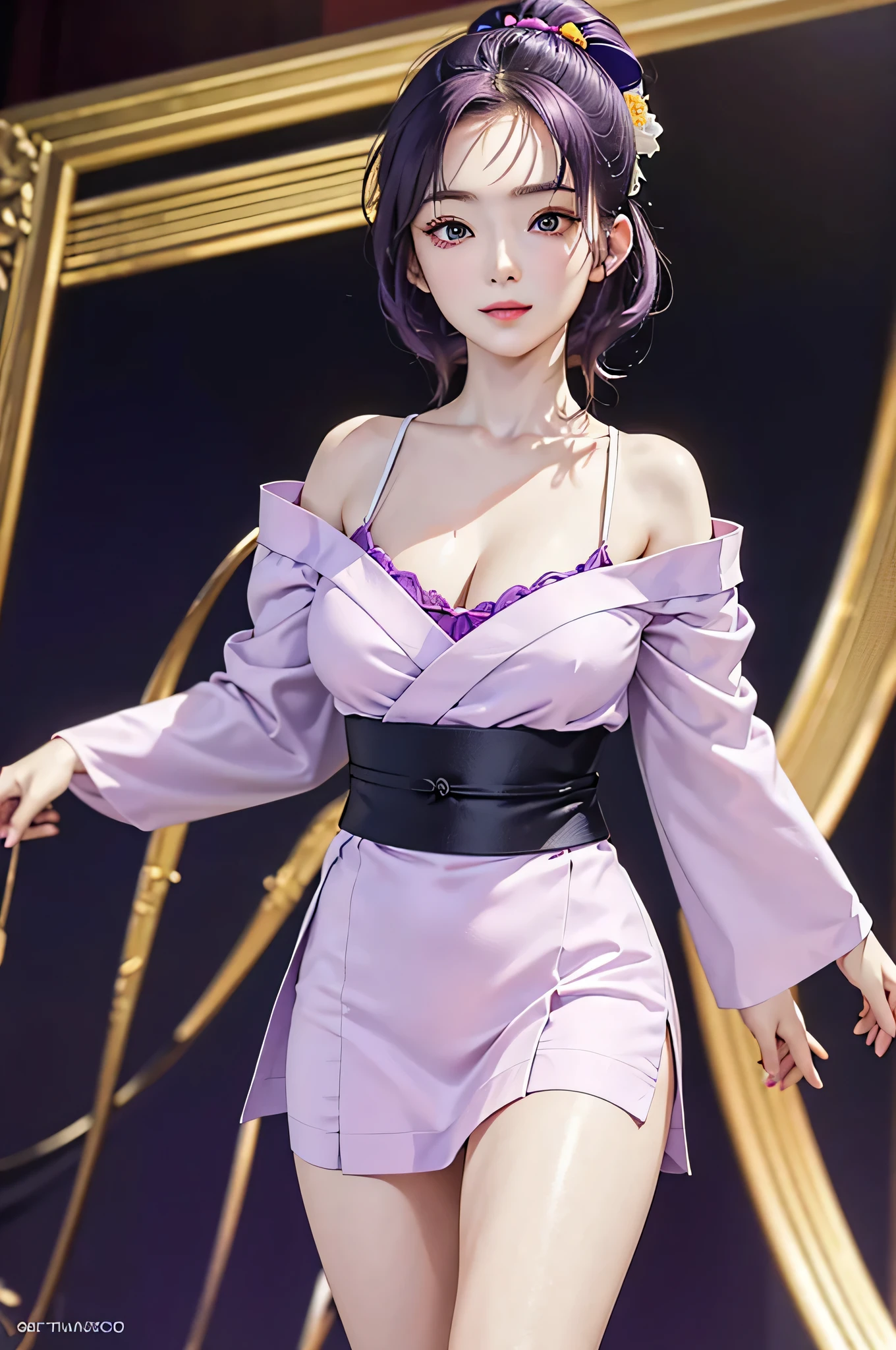 (Finest quality)),(A high resolution),(ultra-detailed art),(Meticulous portrayal),((Best Anime)),(Finest works of
art),sharpness,Clear,Ultra-Precision Art,The art of astounding depiction,(masterpiece),
short Hair ponytail, short ponytail, purple hair, vibrant purple hair, extremely detailed hair, detailed bangs, with
bangs,
pretty face, beautiful lips, soft lips,pretty face, close up face,serious face, pretty nose, beautiful nose,
pretty eyes, beautiful eyes, detailed eyes, perfect eyes, green eyes,
happy, jolly, smiling,
clear skin,white skin, soft skin, small bust, small breasts, smooth skin,
korean girl, korean beauty, irene, red velvet irene,
japanese yukata, violet yukata, japanese clothing, detailed yukata, yukata without the ribbon, detailed clothing, perfect yukata, violet skirt, mini skirt, ronin clothing, female ronin, cloth on breasts, slight cleavage,
cool pose, full body, detailed thighs, detailed legs,
super high-angle shot, no background,looking at camera,
