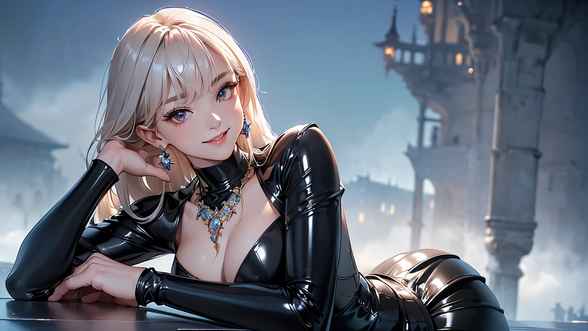 ((Biologically correct limb count))、((Full Body Shot, Full-body photo including face、Head to toe photos))、4K、masterpiece、((Focus on the face))、((Symmetrical facial features))、Eyes of meticulous depiction、Beautiful woman、Excellent style、Beautiful feet、(Black Stockings、High heels with anklets)、Detailed depiction of the face、Small earrings、necklace、((Close-up photo of the upper body))、(Latex blazer、Latex skirt)、Scenery of the old castle、(Low - Angle)、(smile)、((Thick morning fog all around)、I can't see anything around me)、