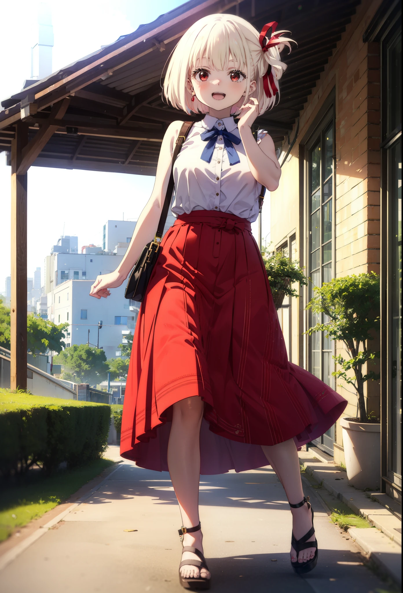 chisatonishikigi, Chisato Nishikigi, short hair, bangs, blonde, (Red eyes:1.5), Hair Ribbon, One side up, Bobcut,happy smile, smile, Open your mouth,
Open your mouth, Red sleeveless dress,Bare arms,Red long skirt,Cute Sandals,whole bodyがイラストに入るように,Walking,Daytime,sunny, walk,Looking up from below,break looking at viewer,whole body,break outdoors, In town,Coastal Road, break (masterpiece:1.2), highest quality, High resolution, unity 8k wallpaper, (shape:0.8), (Beautiful details:1.6), Highly detailed face, Perfect lighting, Extremely detailed CG, (Perfect hands, Perfect Anatomy),