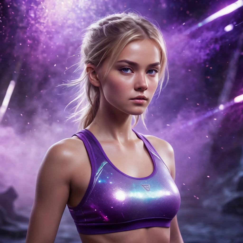 A handsome Norwegian girl, sharp eyes, clear facial features, wearing top tank, combat posture, martial arts movements, body surrounded by purple mist, runes around, holographic reality, holographic halo, motion blur, game light effects, edge light, soft light, movie edge light, delicate light, masterpiece, super detailed, epic composition, super HD, high quality, highest quality, 32k