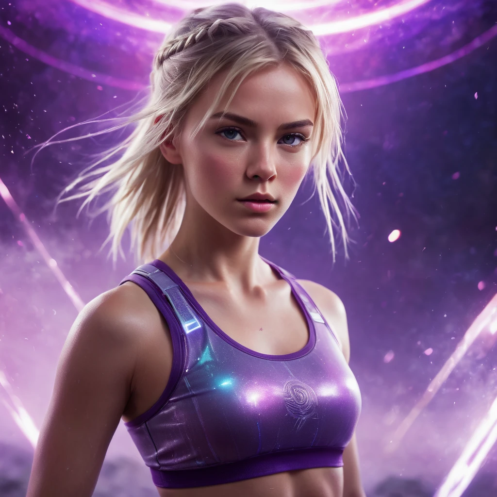 A handsome Norwegian girl, sharp eyes, clear facial features, wearing top tank, combat posture, martial arts movements, body surrounded by purple mist, runes around, holographic reality, holographic halo, motion blur, game light effects, edge light, soft light, movie edge light, delicate light, masterpiece, super detailed, epic composition, super HD, high quality, highest quality, 32k