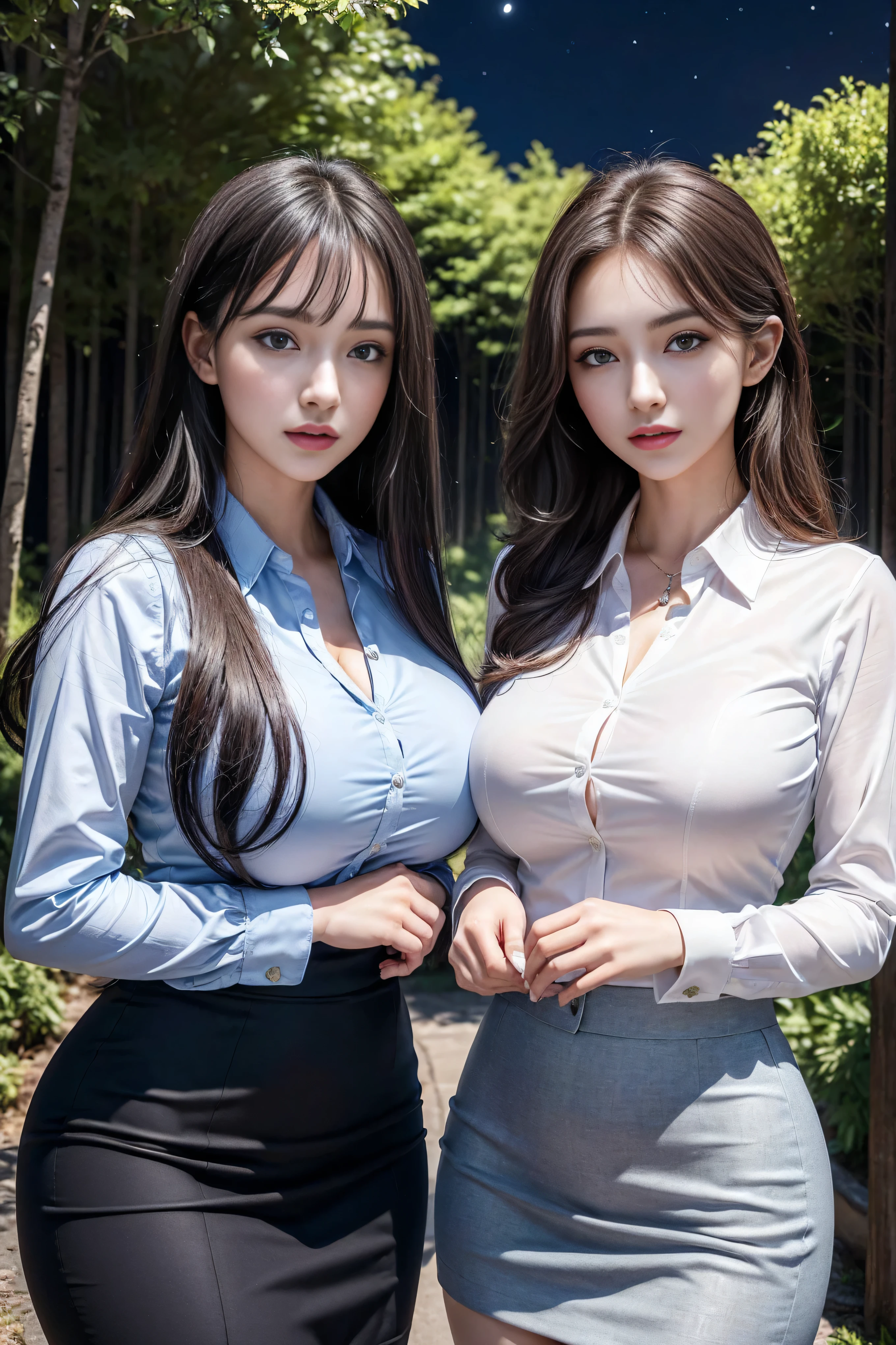(2 girls), beautiful, Amazing face and eyes, cosmetic, (Extremely delicate beautiful face), (The sexiest look), (beautiful ???????????:1.1), (best quality:1.4), (Ultra Detailed), (Extremely detailed CG unified 8k wallpaper), Very detailed, original photo, Professional photography, ((Business suit)), (tight skirt), (Open collar business shirt), outdoor, ((Night Forest)), (Night Sky), Depth of Field, (View from below),